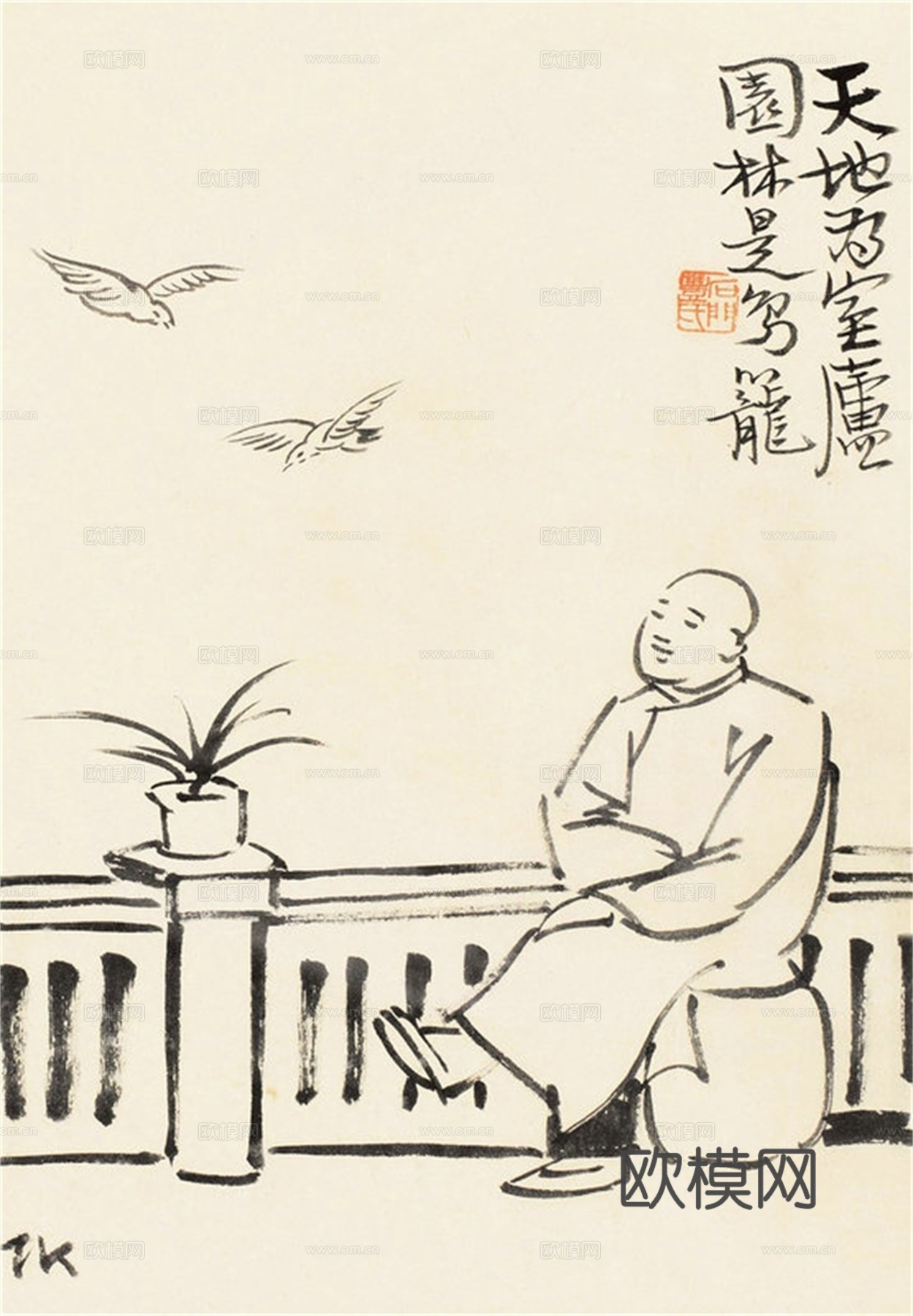 丰子恺水墨绘画作品，写意水墨画，水墨风漫画28下载