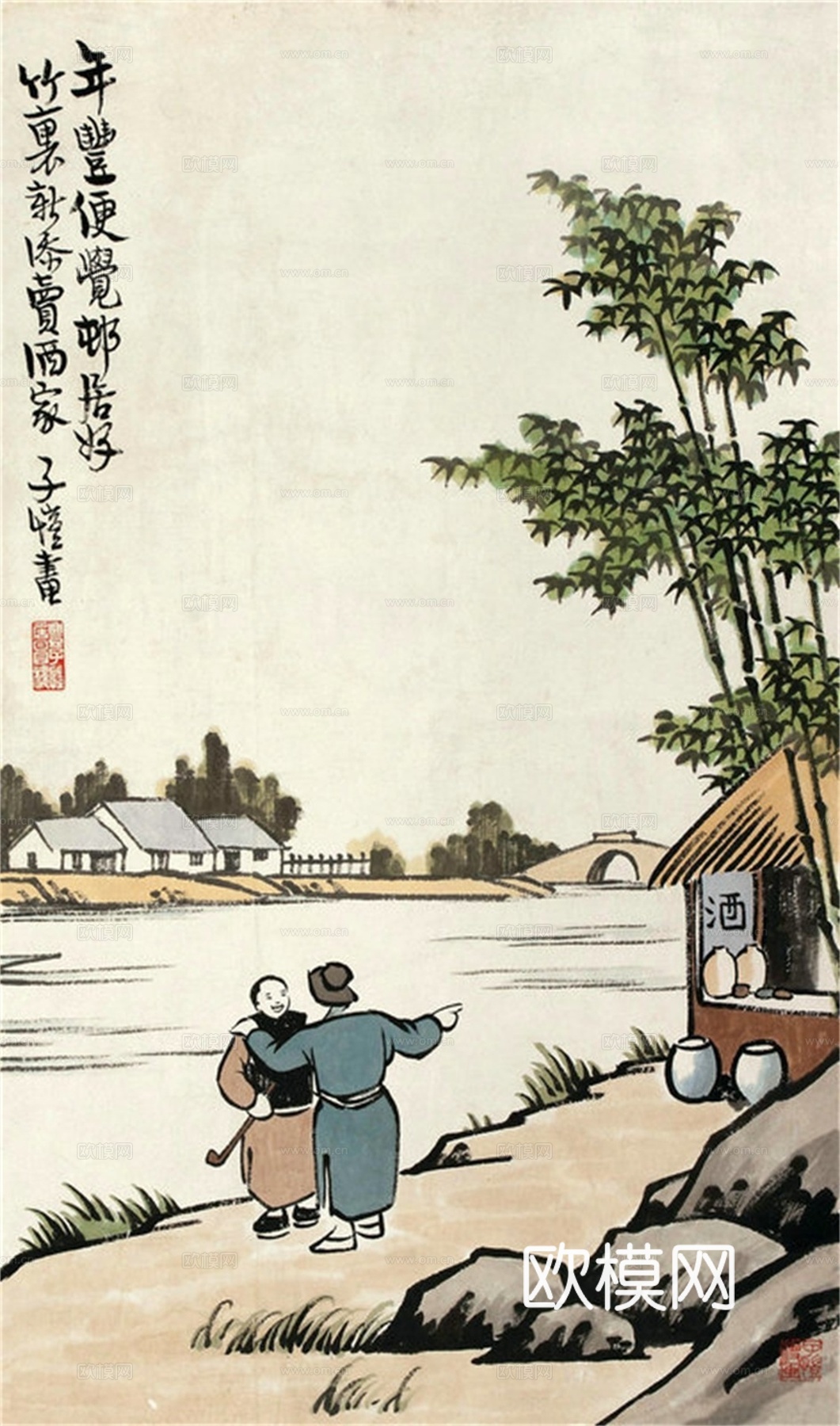 丰子恺水墨绘画作品，写意水墨画，水墨风漫画107下载