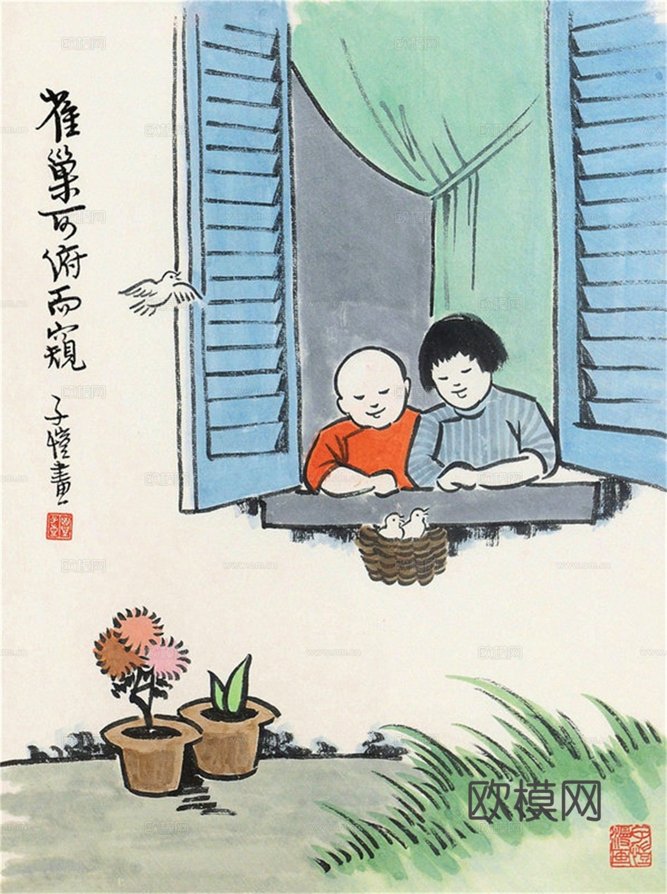 丰子恺水墨绘画作品，写意水墨画，水墨风漫画79下载
