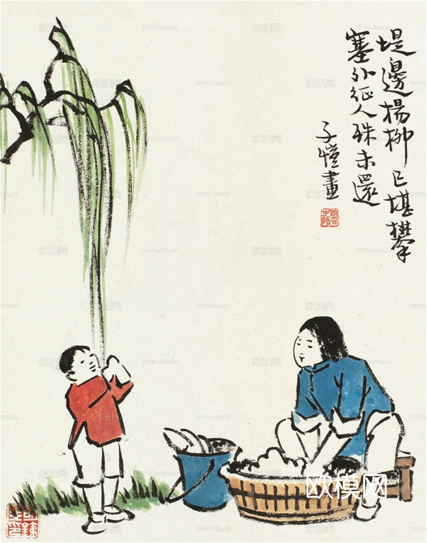 丰子恺水墨绘画作品，写意水墨画，水墨风漫画52下载