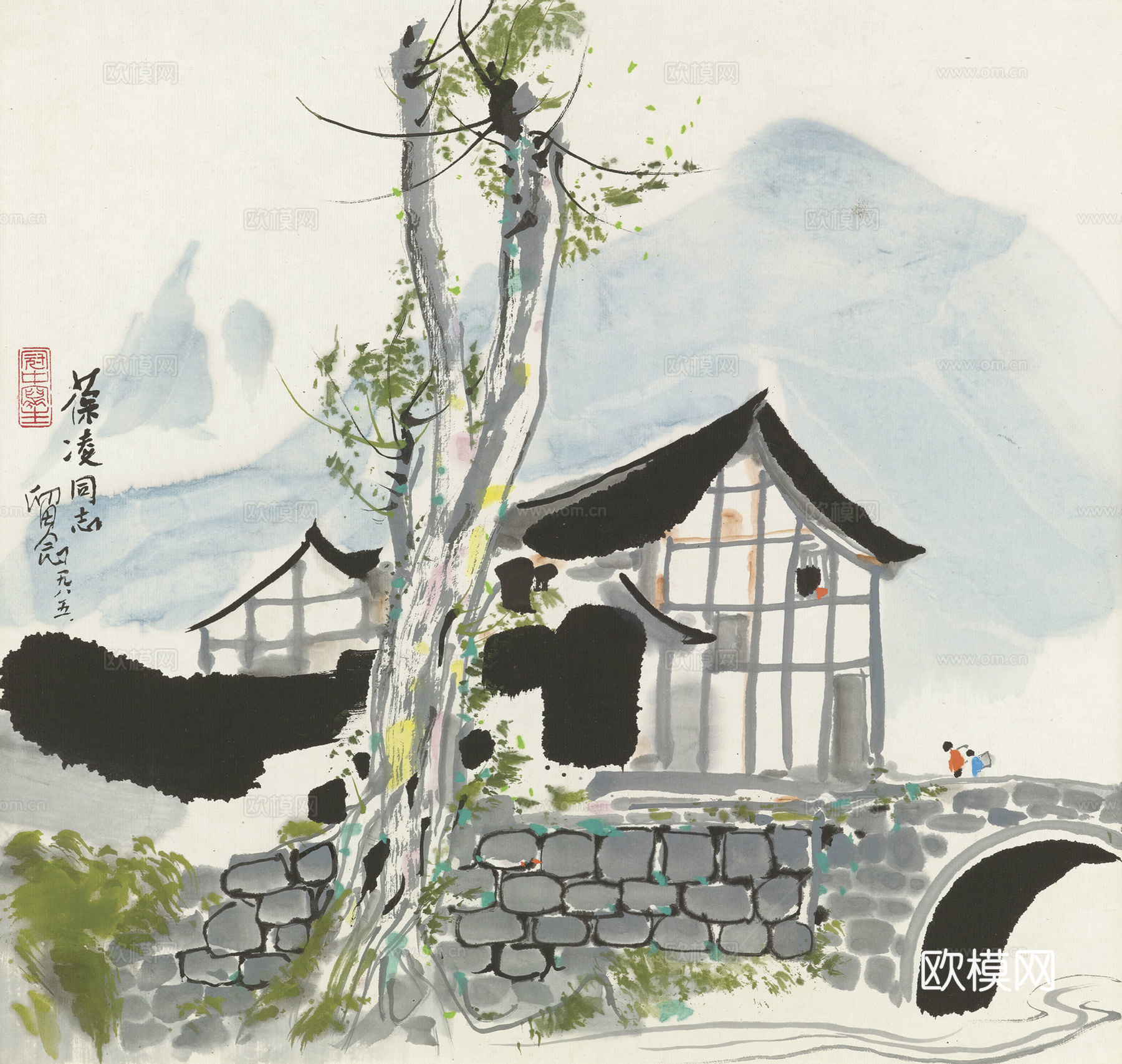 吴冠中绘画作品，写意水墨画，近现代水墨画，写意江南古镇水墨画下载