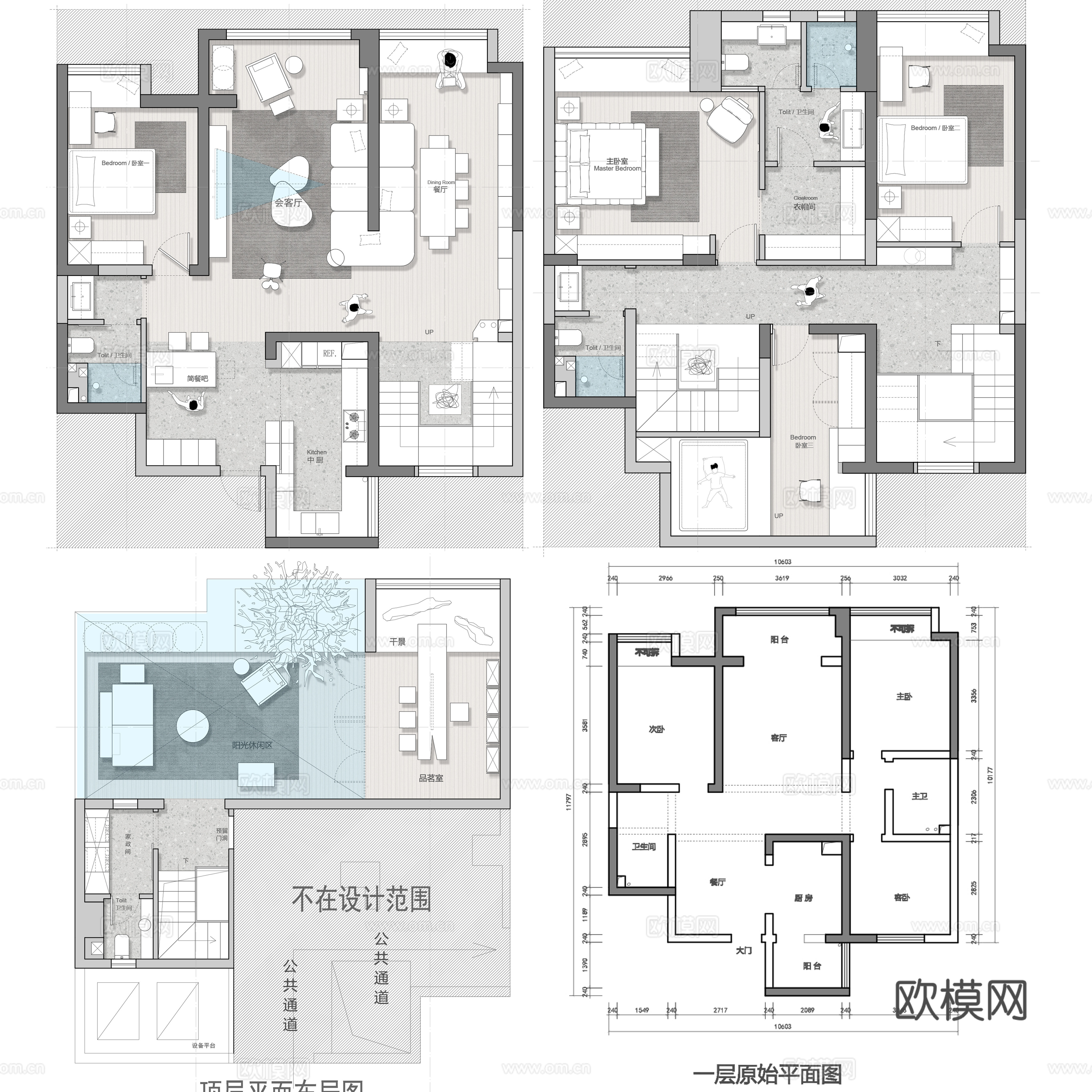270㎡复式平面方案 彩平图cad施工图