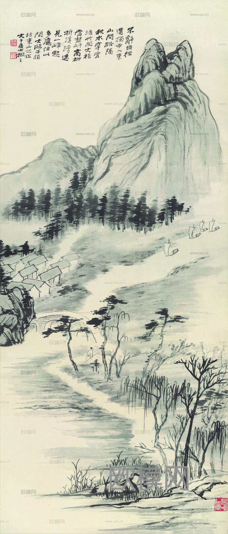 张大千绘画作品，中国近现代水墨画，写意水墨画仿大滌子山水纸本