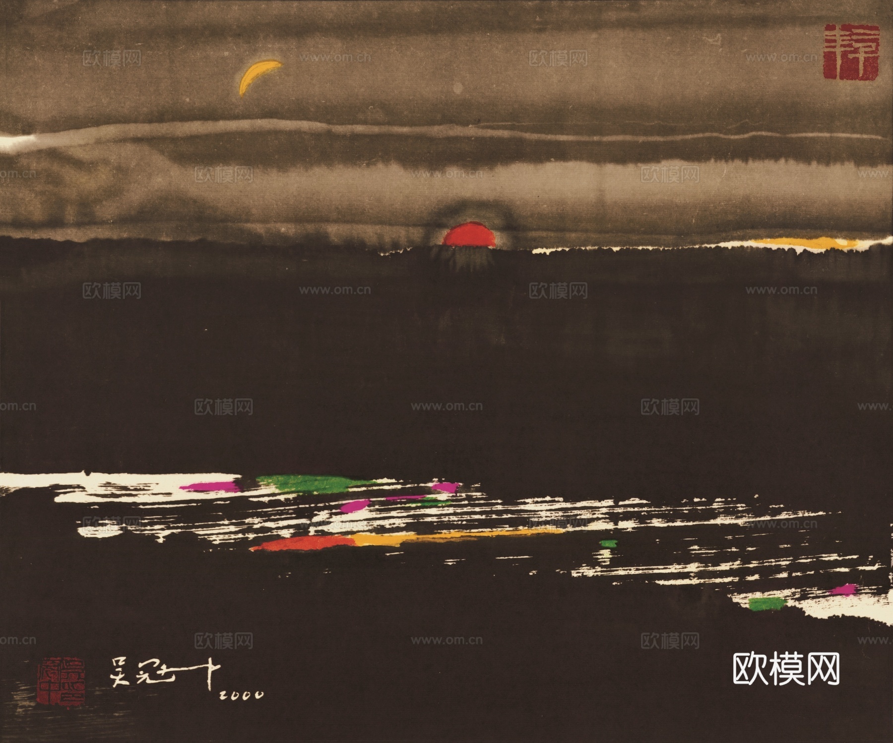 吴冠中绘画作品，写意水墨画，近现代水墨画，写意江南古镇水墨画