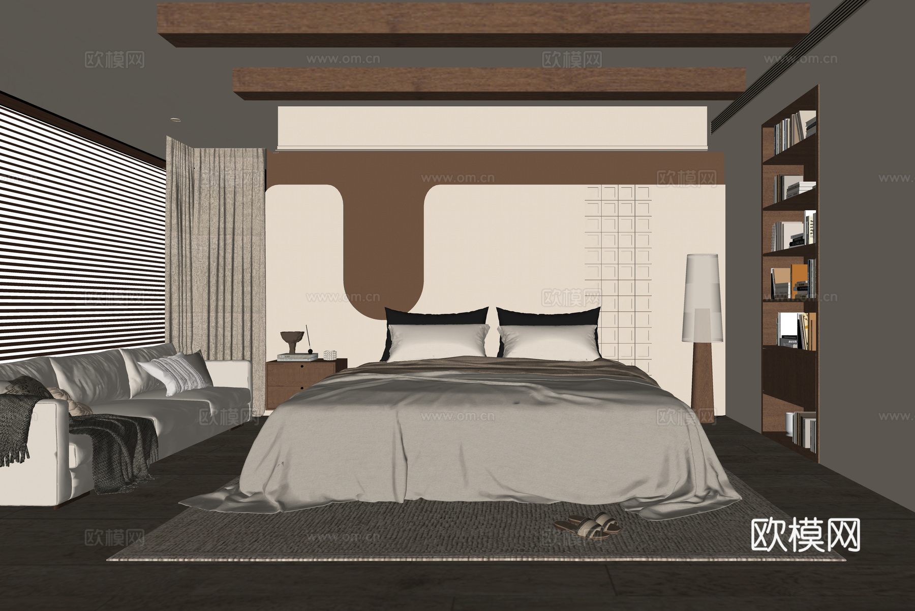 现代卧室 双人床su模型