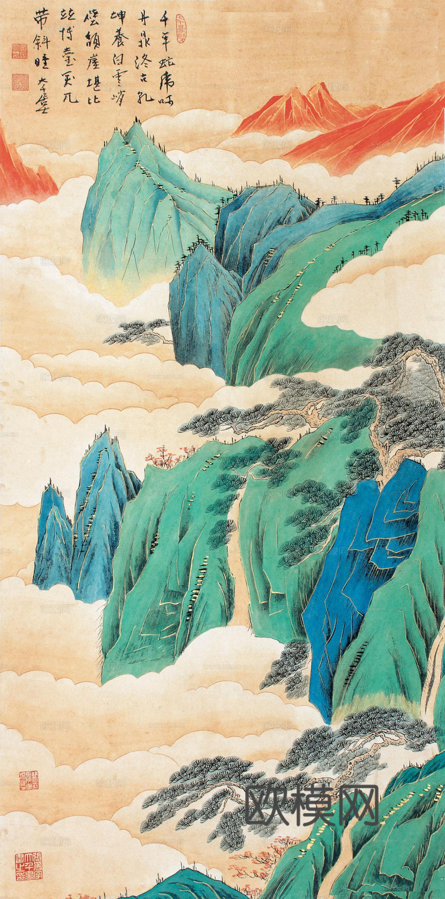 张大千绘画作品，中国近现代水墨画，写意水墨画山水系列  (3