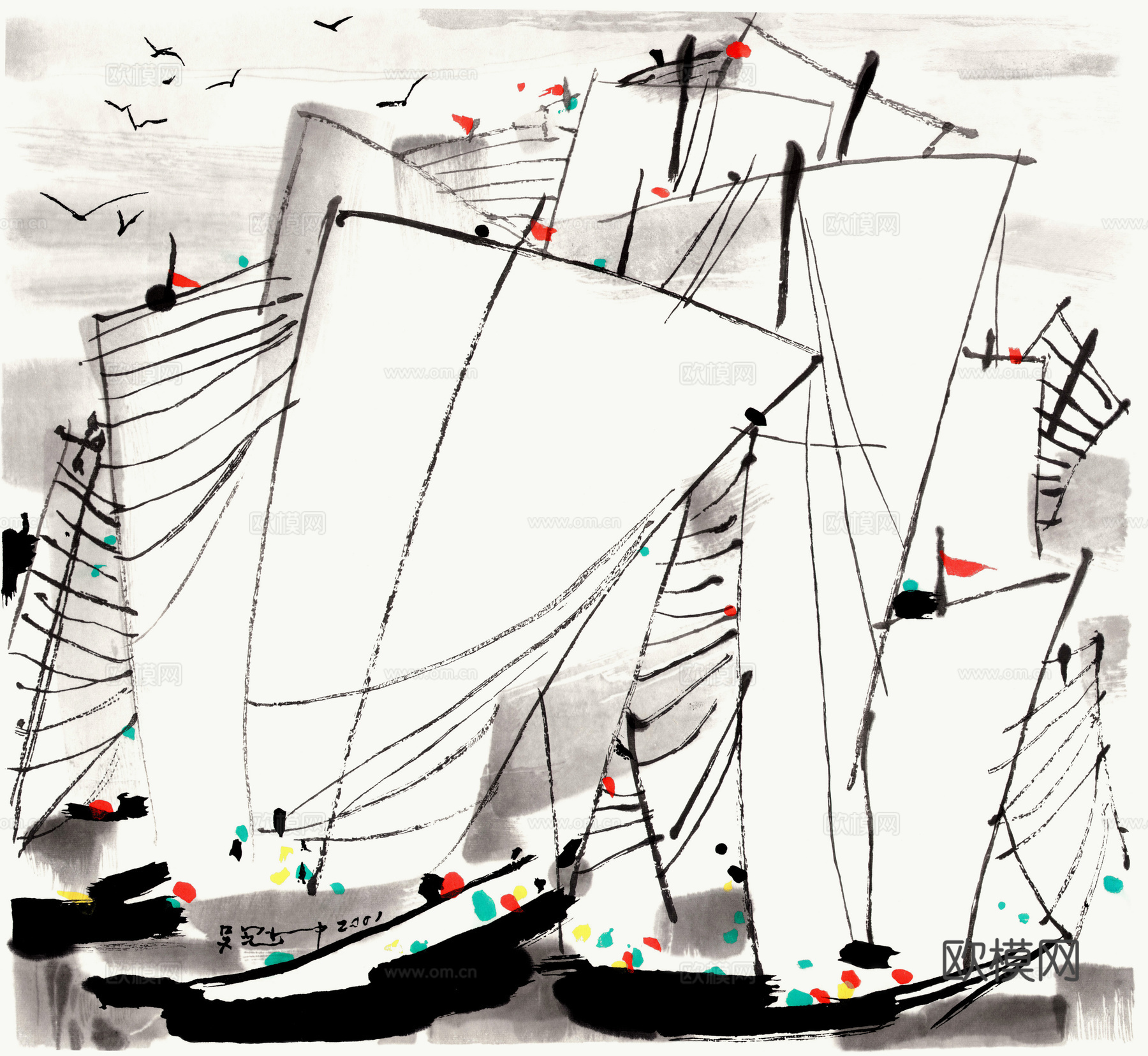 吴冠中绘画作品，写意水墨画，近现代水墨画，写意江南古镇水墨画下载