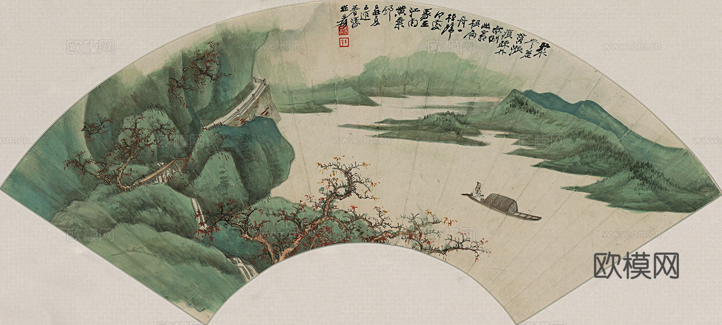 张大千绘画作品，中国近现代水墨画，写意水墨画扇面扁舟归客