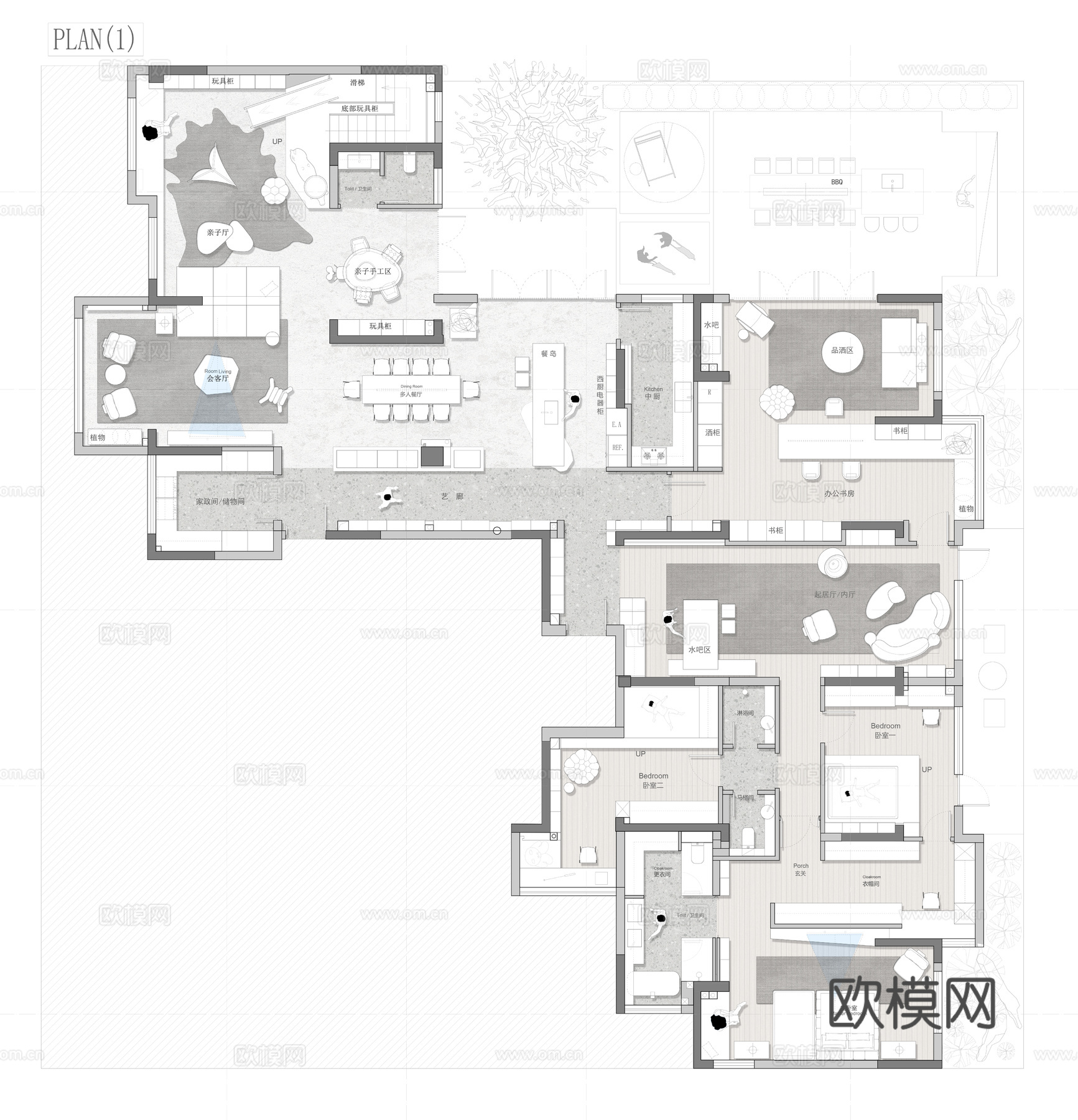 380㎡大平层平面方案 彩平图cad施工图