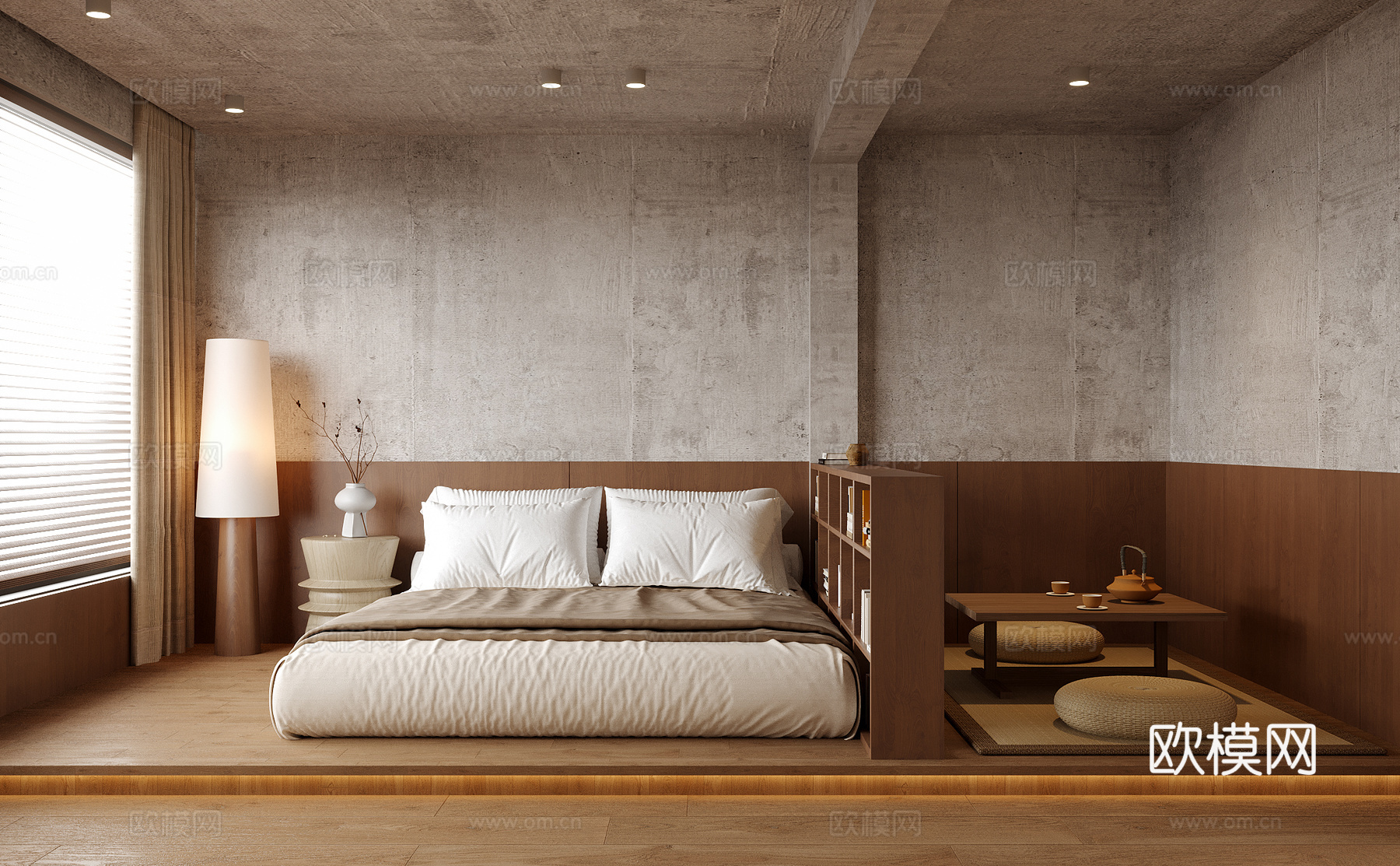 日式卧室  双人床 榻榻米茶桌椅su模型