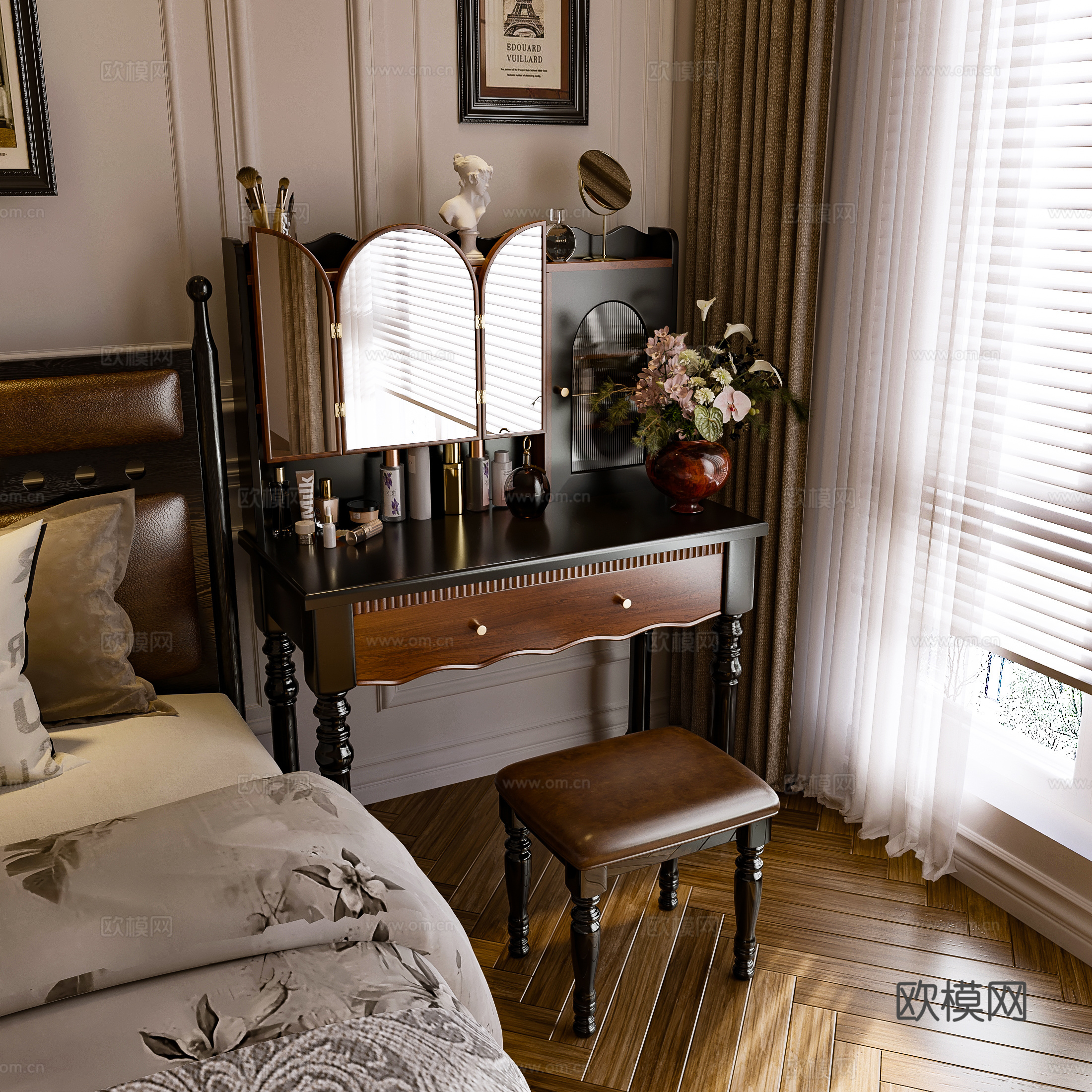 美式梳妆台su模型下载（渲染图1）
