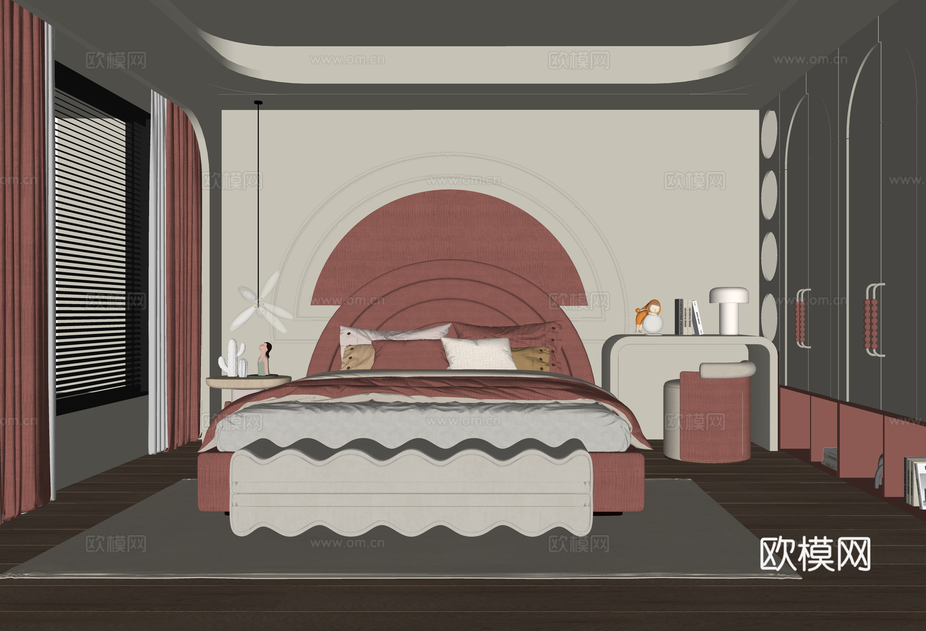 现代女孩房 儿童房 儿童床 梳妆台su模型