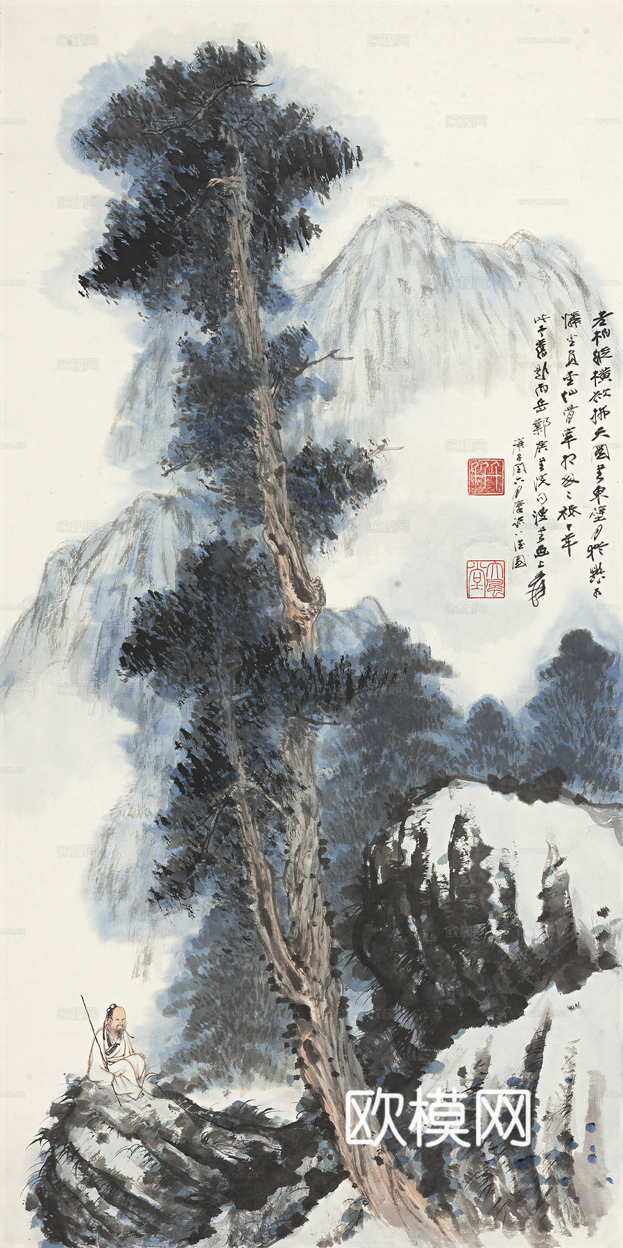 张大千绘画作品，中国近现代水墨画，写意水墨画松树