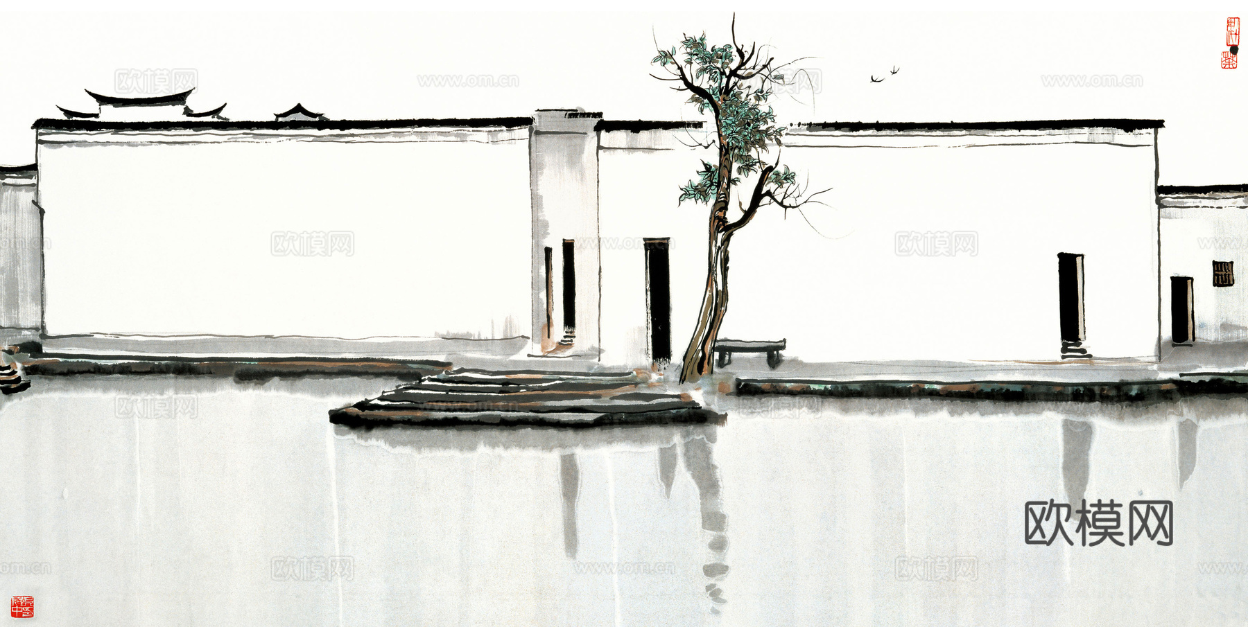 吴冠中绘画作品，写意水墨画，近现代水墨画，写意江南古镇水墨画