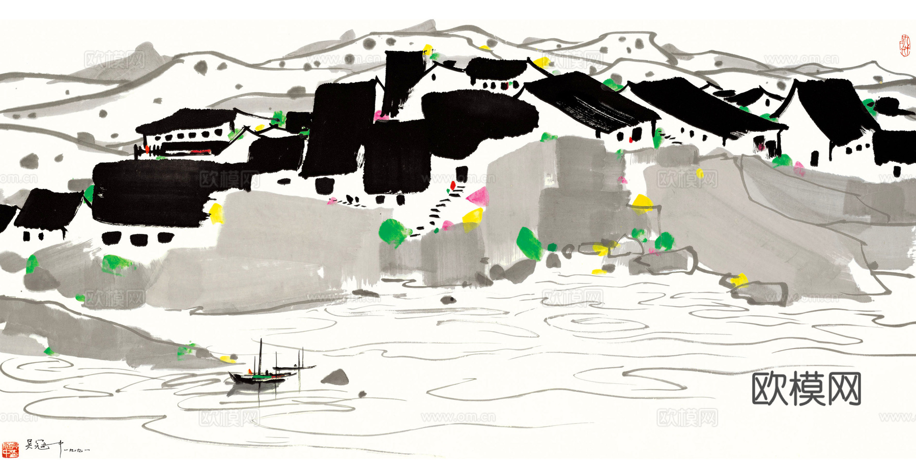 吴冠中绘画作品，写意水墨画，近现代水墨画，写意江南古镇水墨画下载