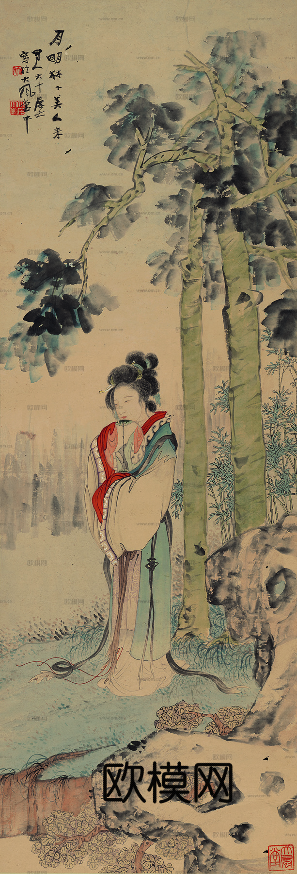 张大千绘画作品，中国近现代水墨画，写意水墨画仕女图纸本 (2