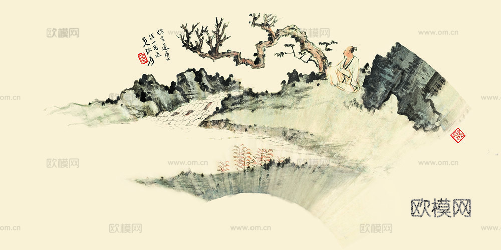 张大千绘画作品，中国近现代水墨画，写意水墨画溪山高逸扇面