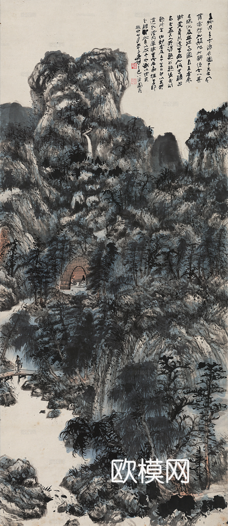 张大千绘画作品，中国近现代水墨画，写意水墨画仿王蒙青卞隐居图