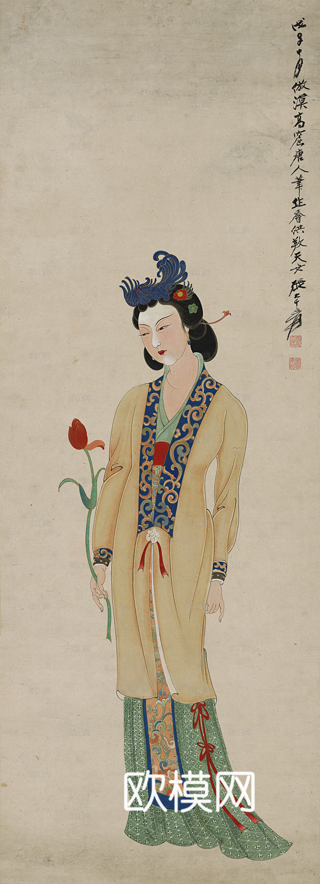 张大千绘画作品，中国近现代水墨画，写意水墨画仿唐人仕女