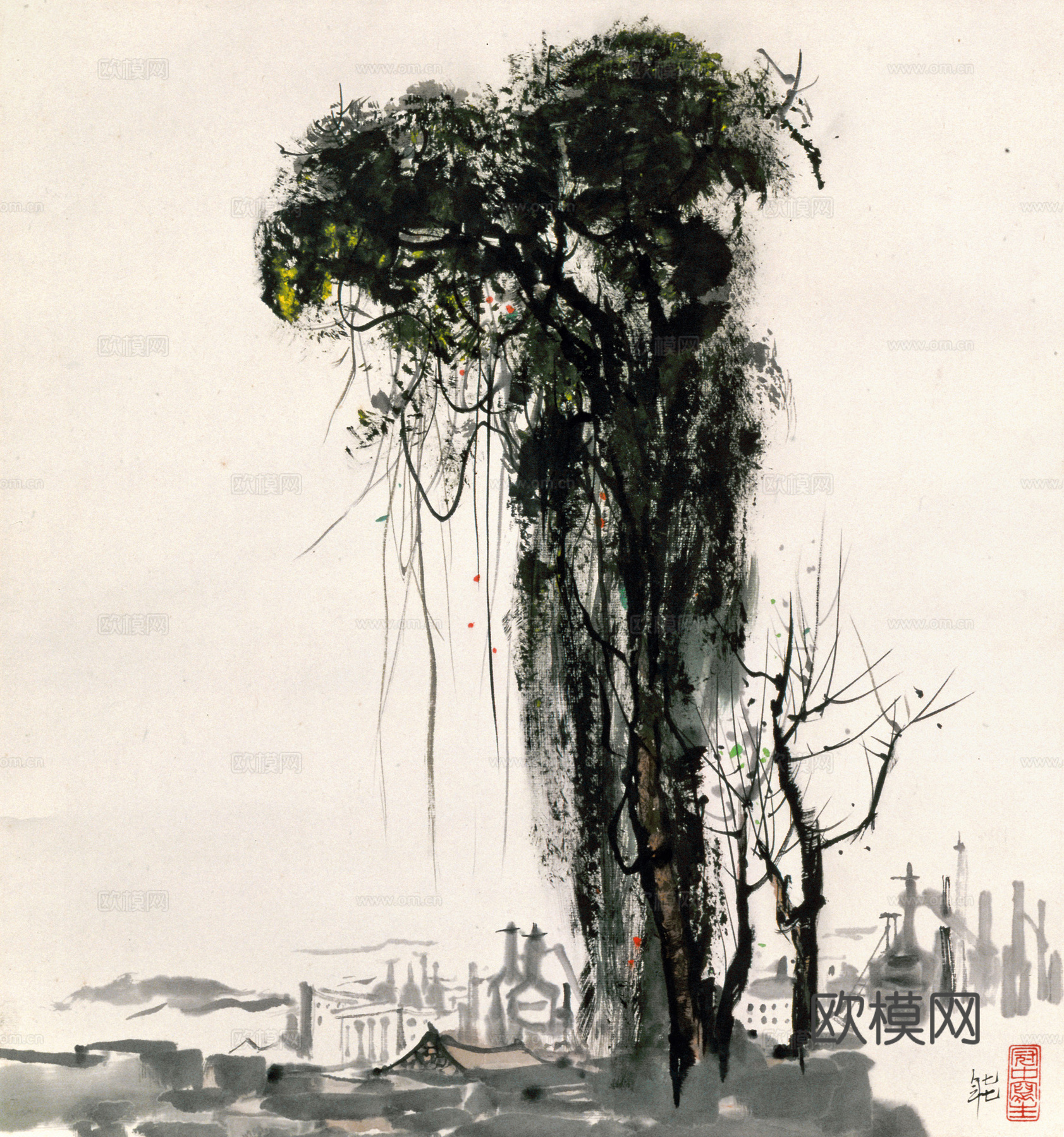 吴冠中绘画作品，写意水墨画，近现代水墨画，写意江南古镇水墨画下载