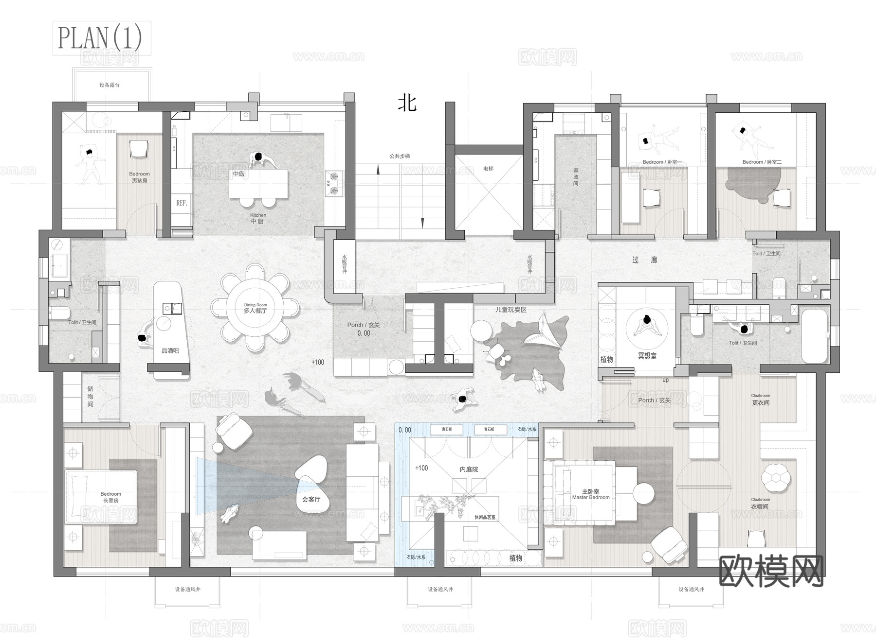 250㎡大平层平面方案 彩平图cad施工图