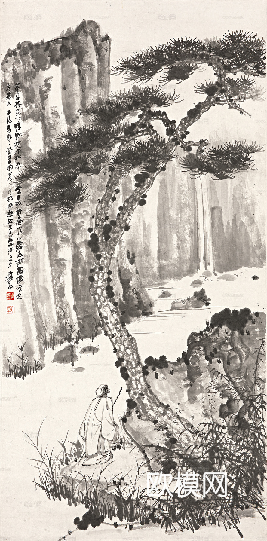 张大千绘画作品，中国近现代水墨画，写意水墨画策丈高士