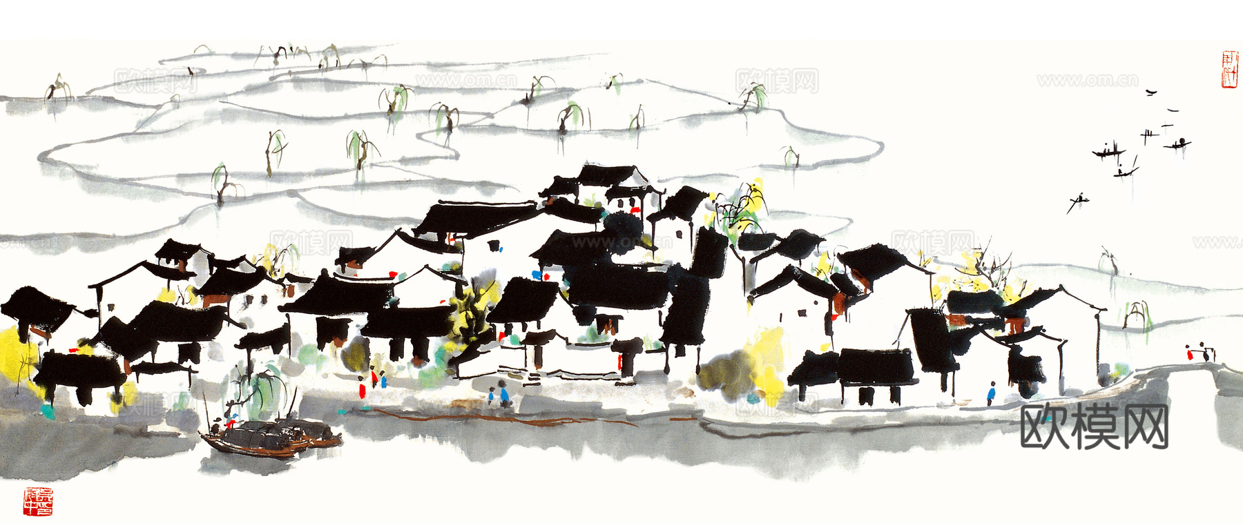 吴冠中绘画作品，写意水墨画，近现代水墨画，写意江南古镇水墨画