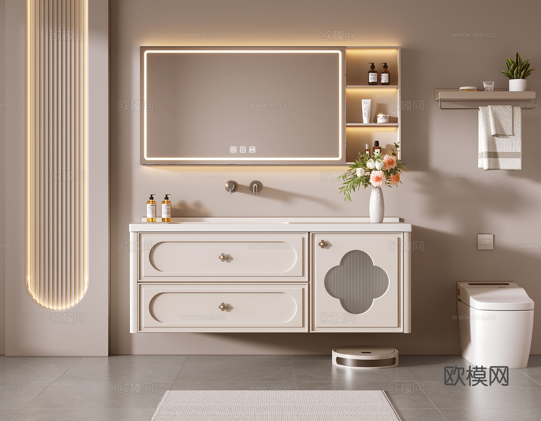奶油风浴室柜 洗手柜su模型