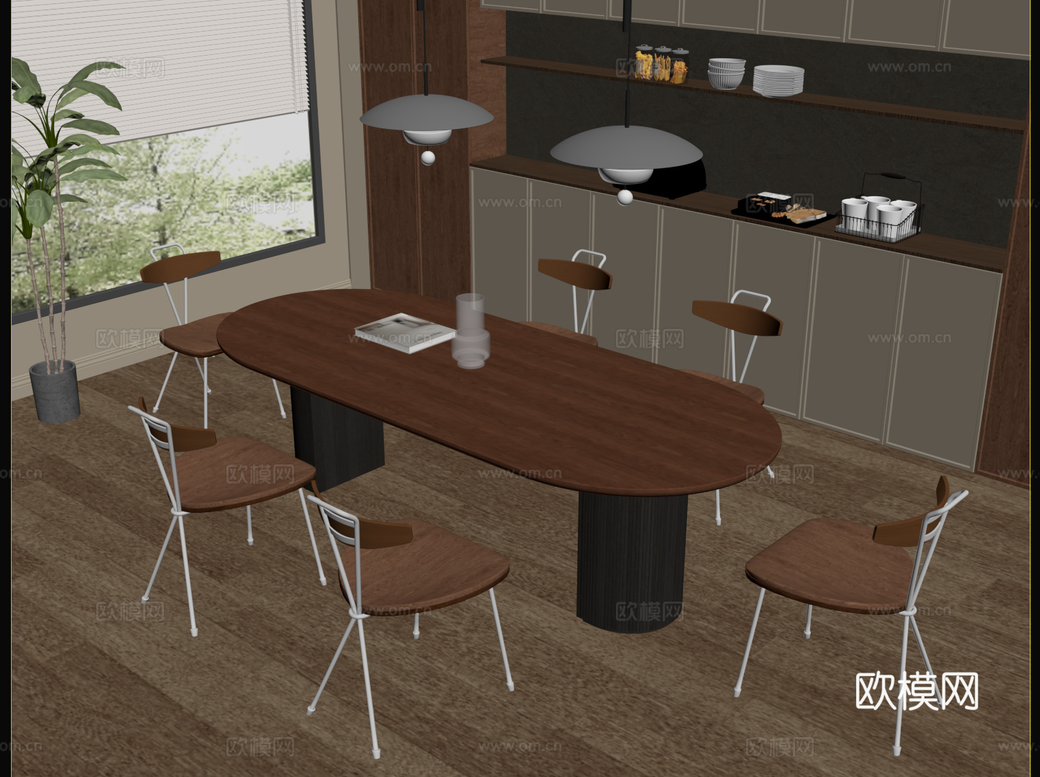 中古风餐厅 餐桌椅su模型