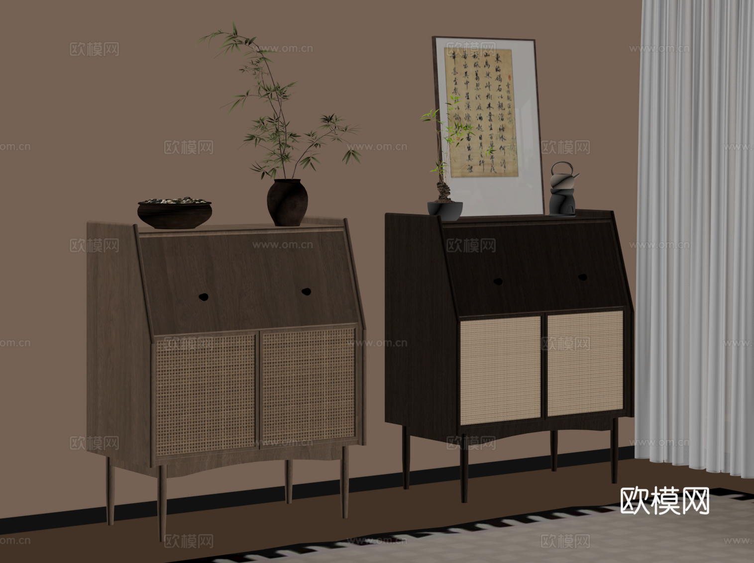 新中式储物柜 边柜 置物柜su模型