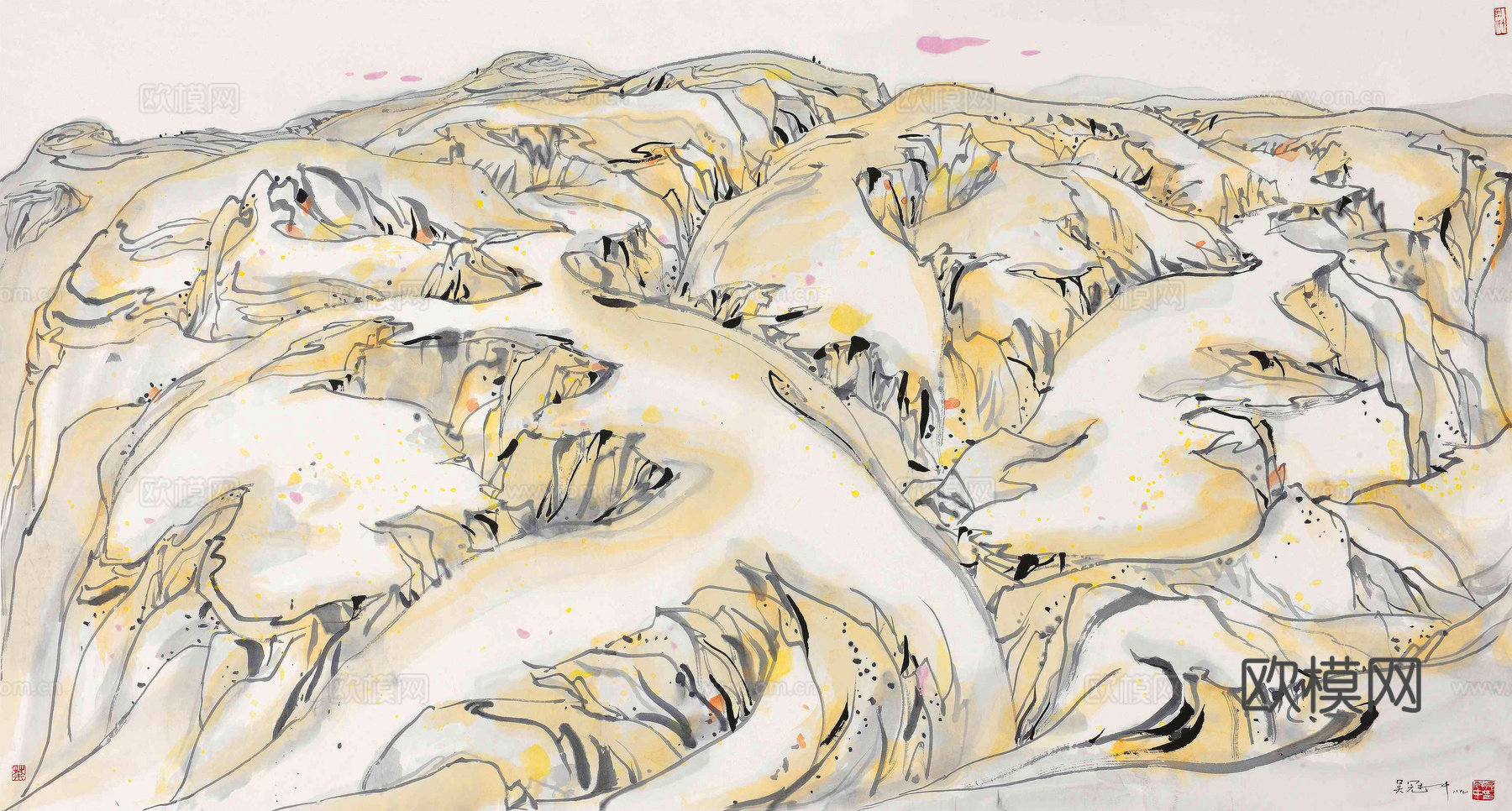 吴冠中绘画作品，写意水墨画，近现代水墨画，写意江南古镇水墨画