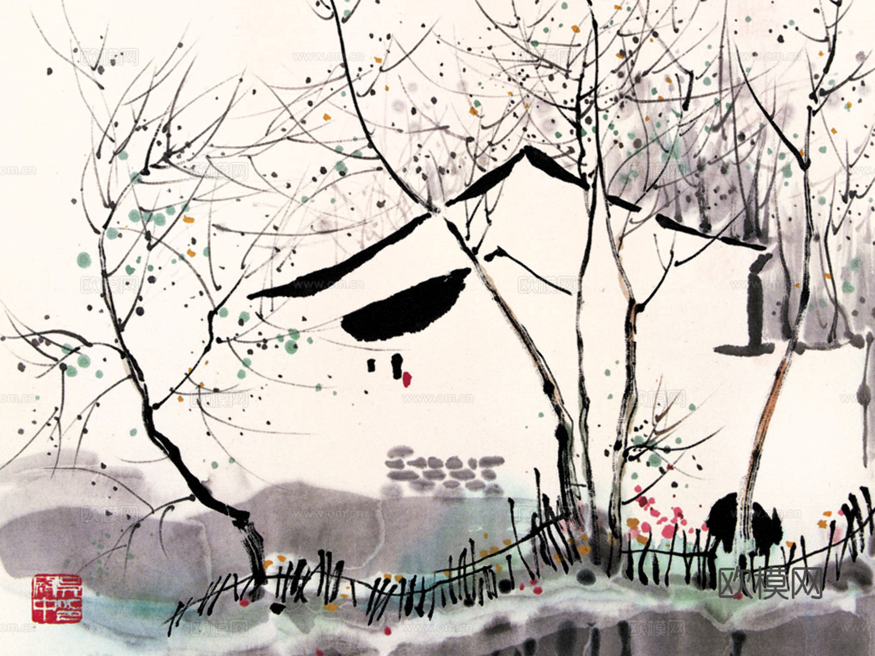 吴冠中绘画作品，写意水墨画，近现代水墨画，写意江南古镇水墨画下载