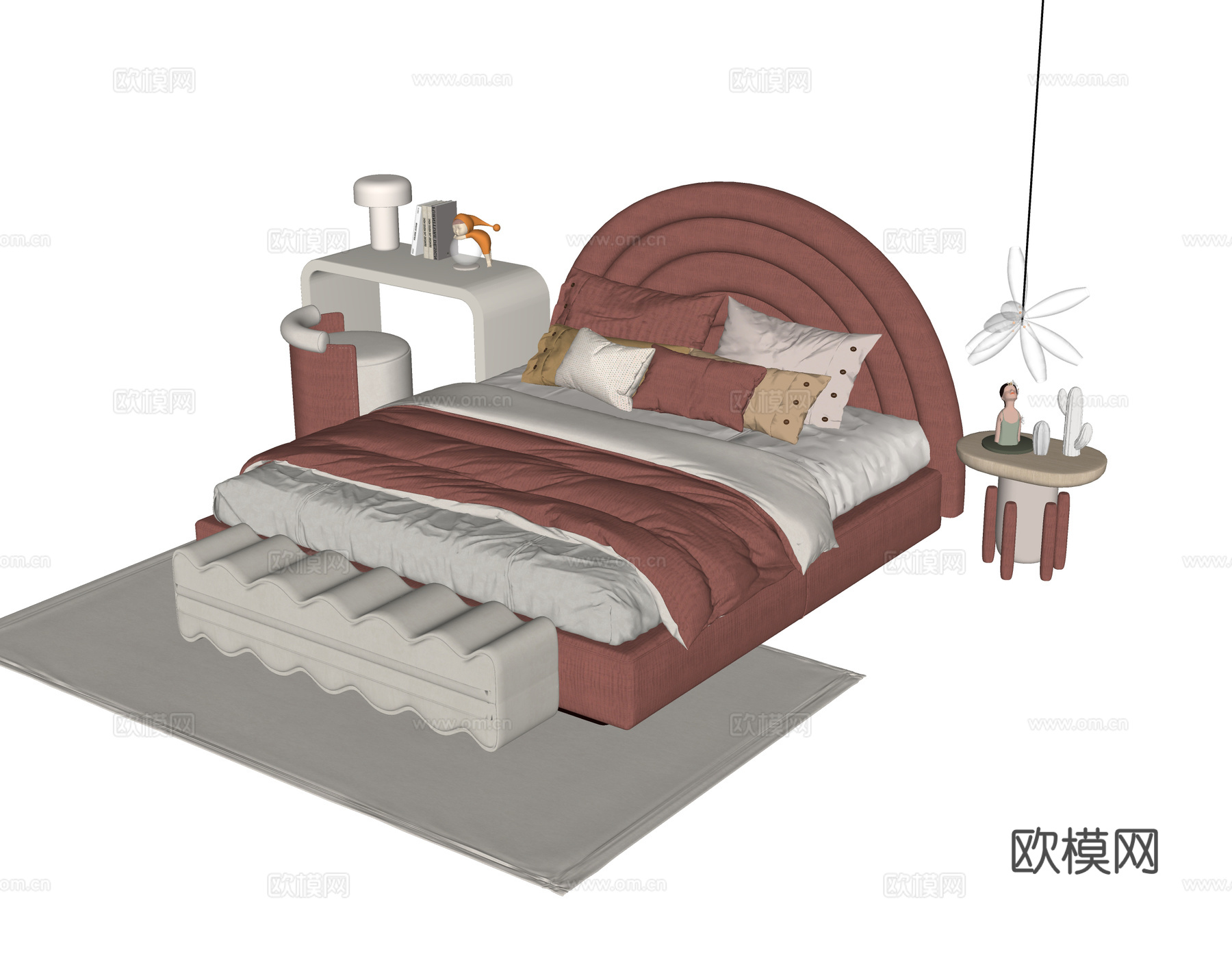 现代儿童床 床尾凳 梳妆台su模型