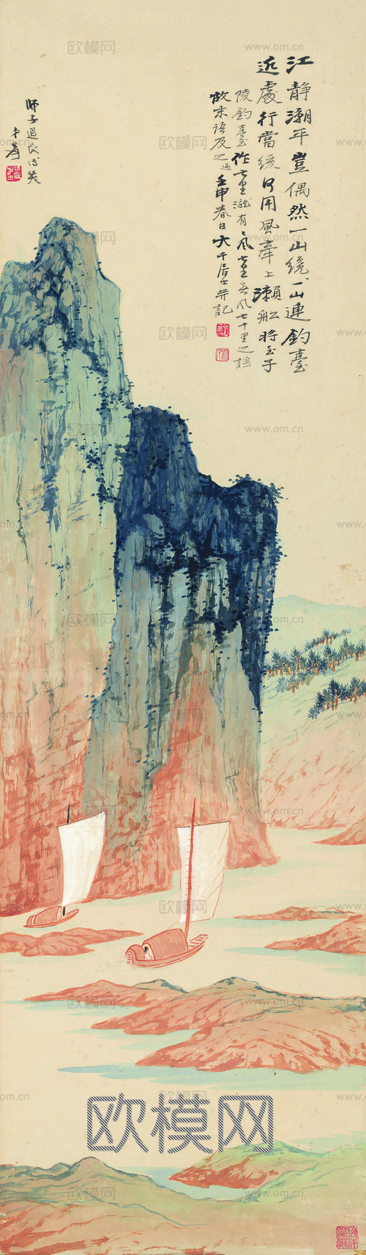 张大千绘画作品，中国近现代水墨画，写意水墨画江静潮平图纸本