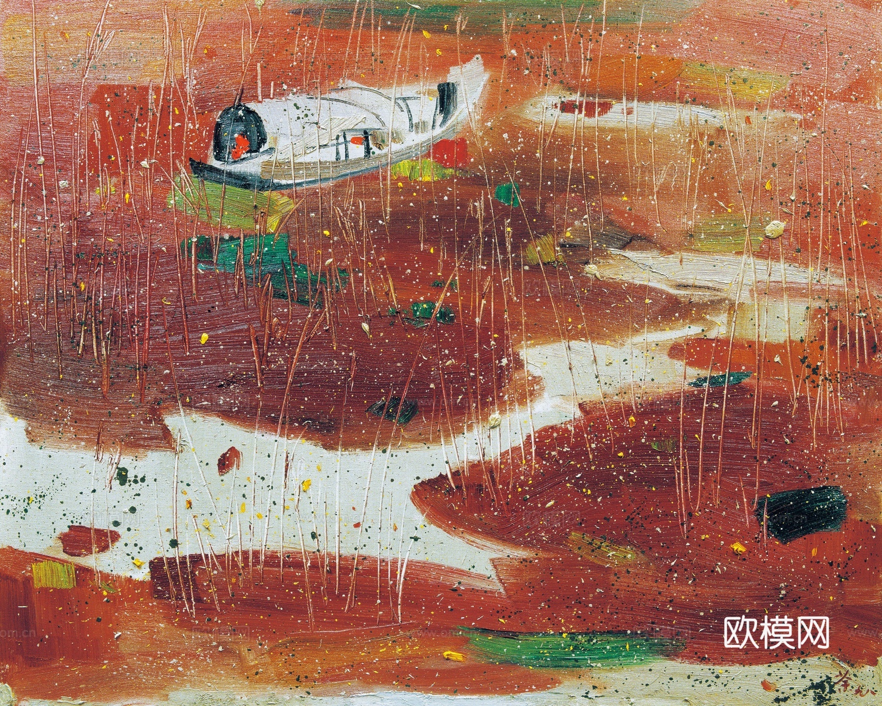 吴冠中绘画作品，写意水墨画，近现代水墨画，写意江南古镇水墨画