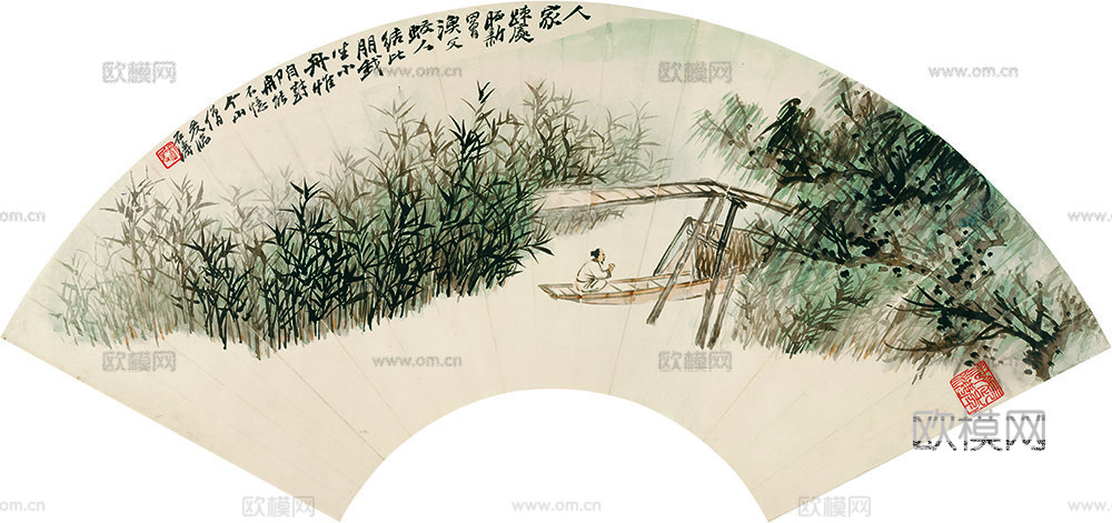 张大千绘画作品，中国近现代水墨画，写意水墨画扇面 独坐轻舟