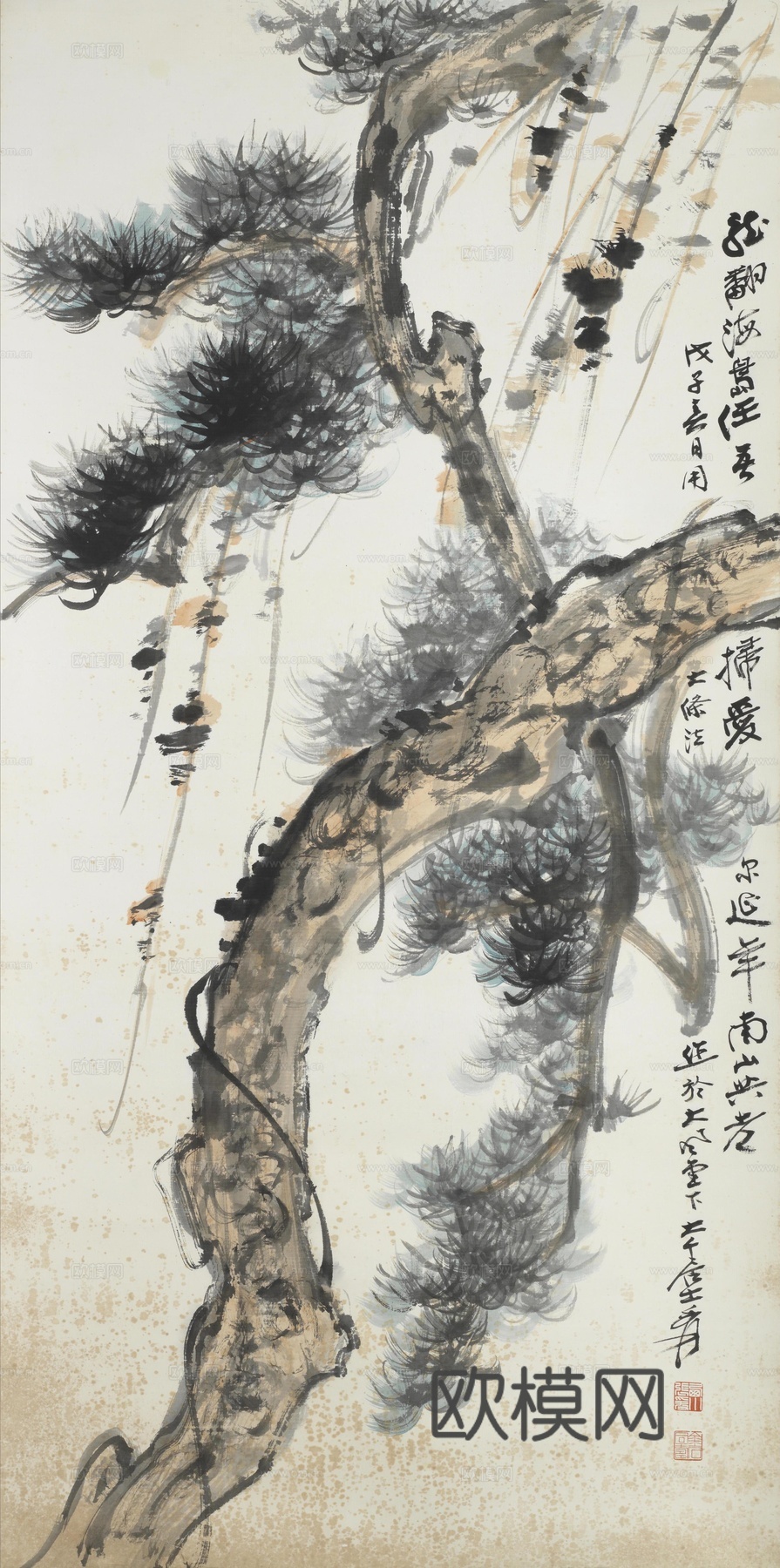 张大千绘画作品，中国近现代水墨画，写意水墨画松寿延年