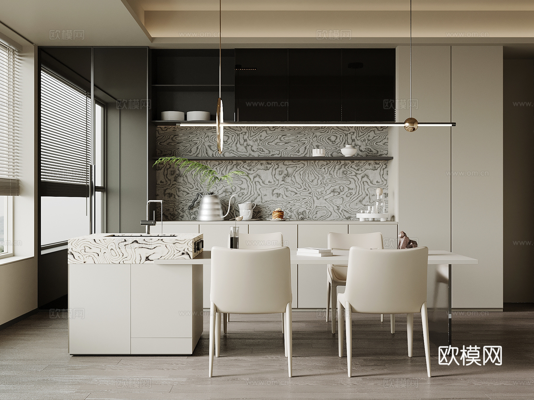 现代餐厅 岛台 餐柜su模型su模型