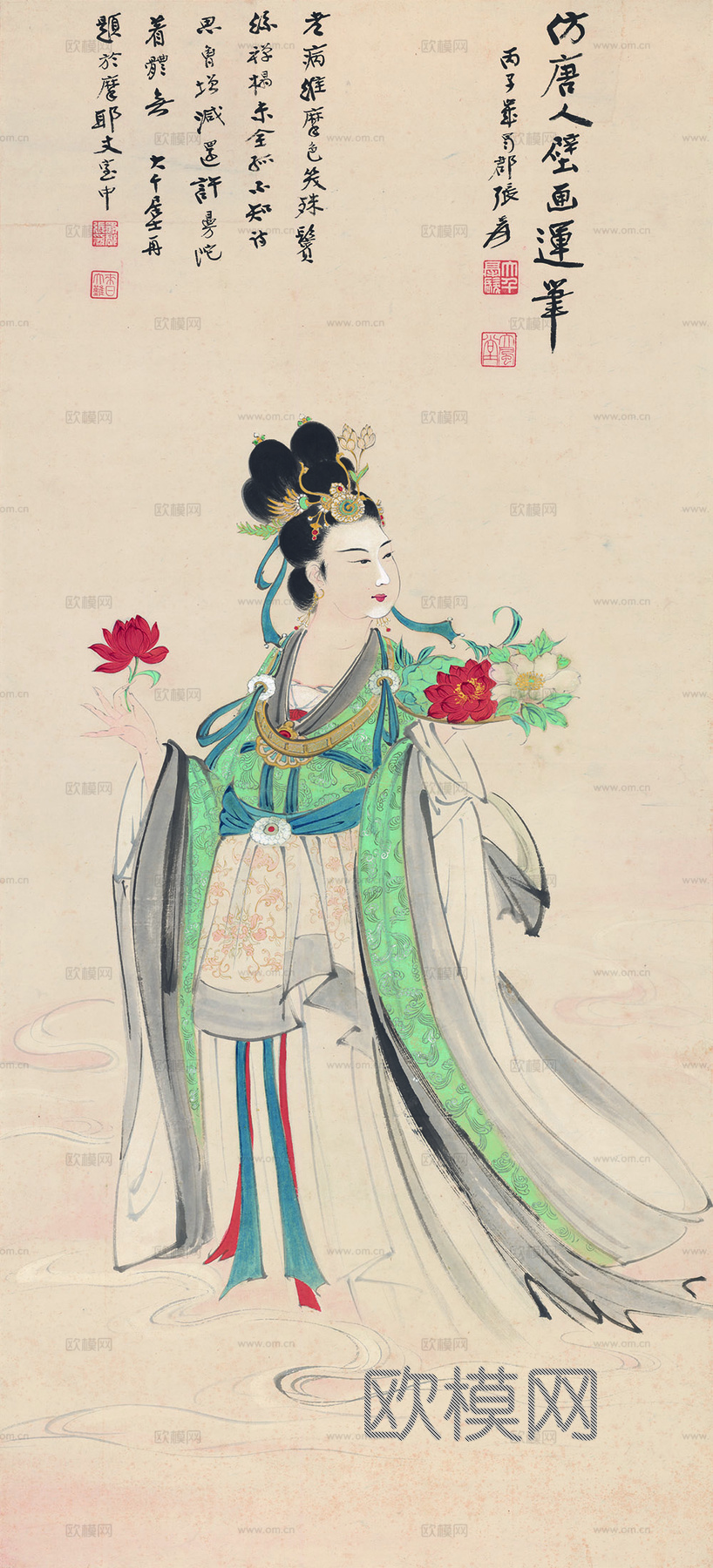 张大千绘画作品，中国近现代水墨画，写意水墨画仿唐人壁画像纸本