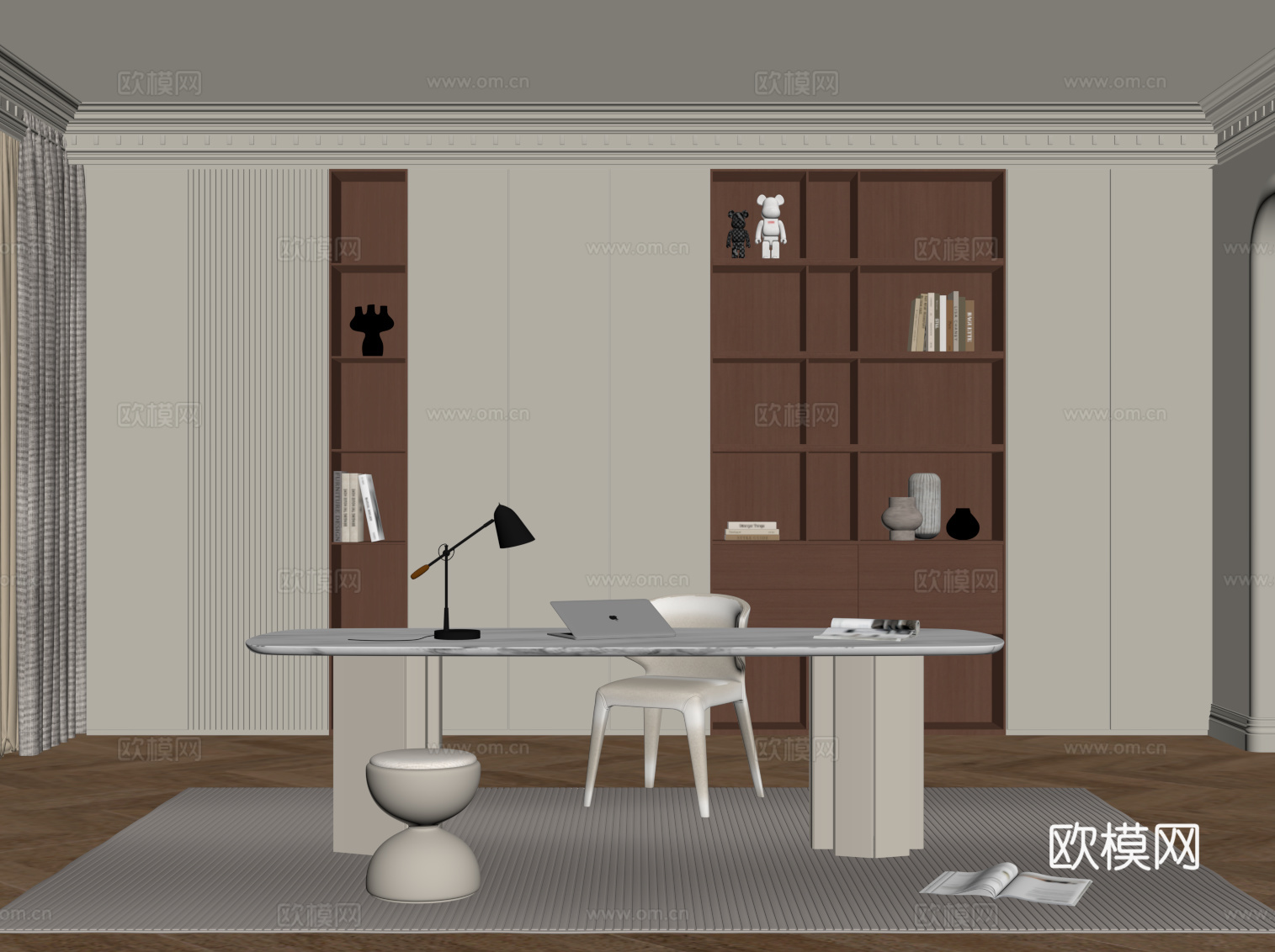 奶油风书房su模型