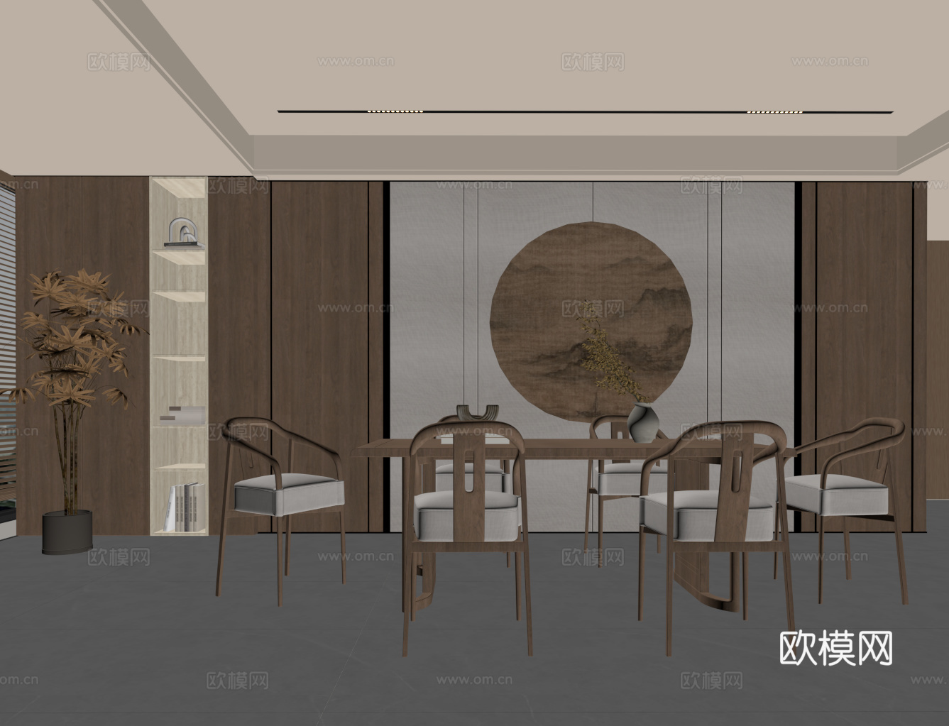 新中式餐厅 餐桌椅 背景墙su模型