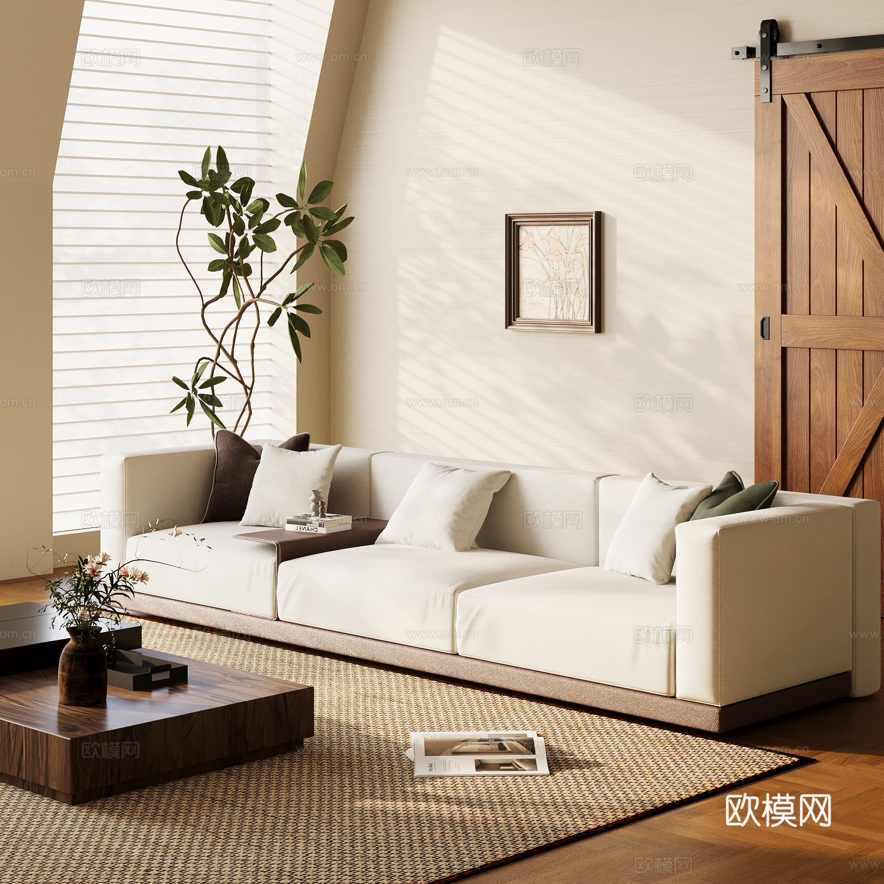 现代中古风多人沙发 布艺休闲沙发su模型