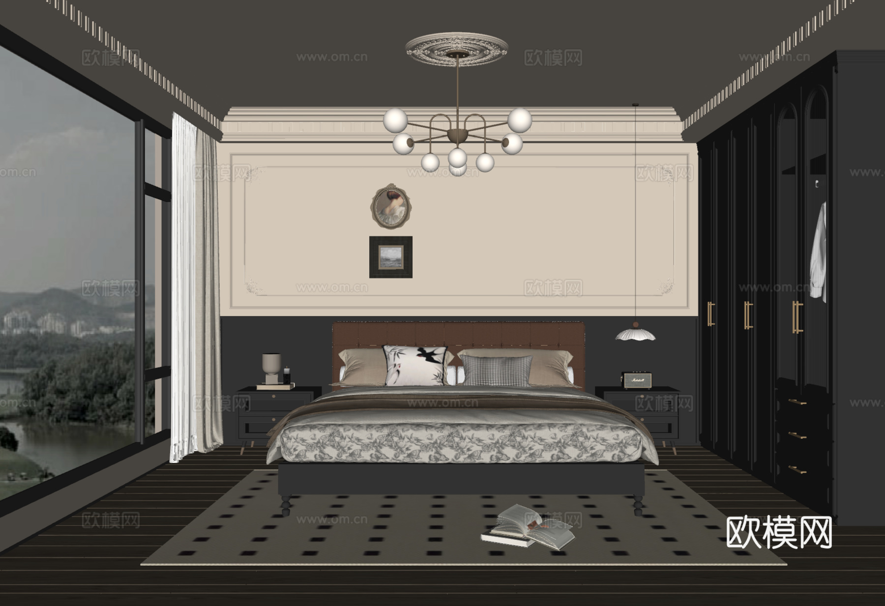 法式中古风卧室 双人床 床头柜 吊灯 挂画 地毯su模型
