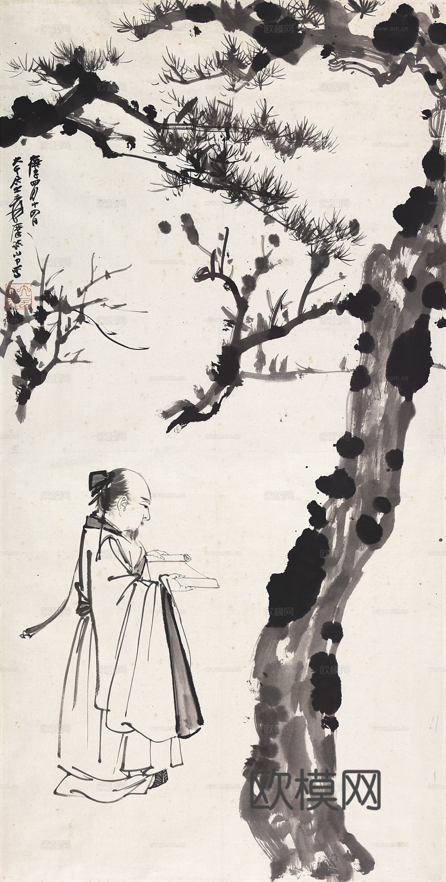 张大千绘画作品，中国近现代水墨画，写意水墨画松下读书图