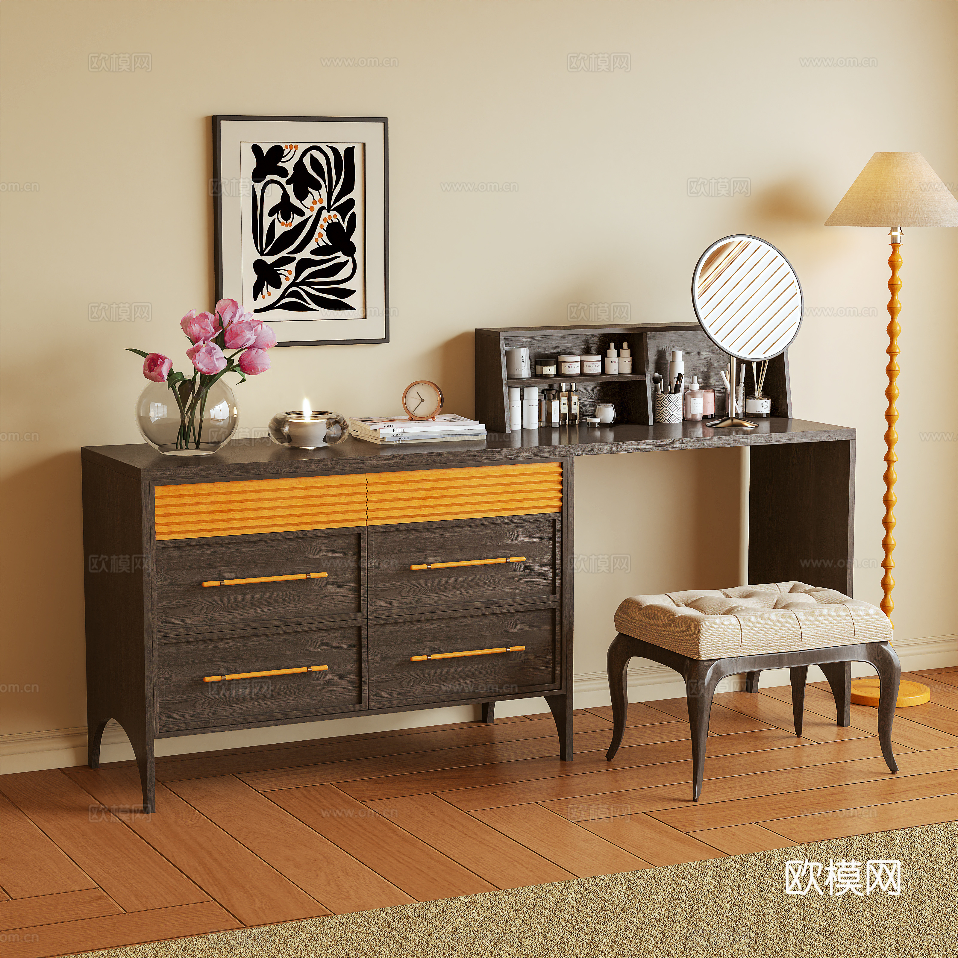 梳妆台 化妆桌 化妆品 储物柜 边柜 摆件3d模型下载