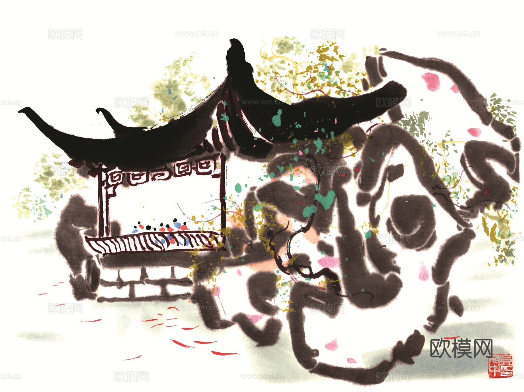 吴冠中绘画作品，写意水墨画，近现代水墨画，写意江南古镇水墨画