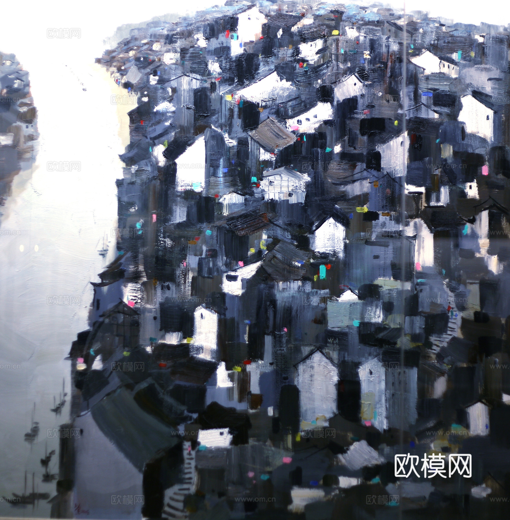 吴冠中绘画作品，写意水墨画，近现代水墨画，写意江南古镇水墨画下载