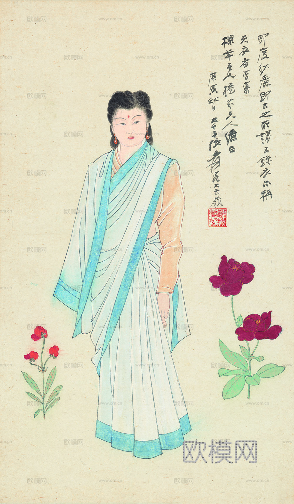 张大千绘画作品，中国近现代水墨画，写意水墨画纱丽图纸本