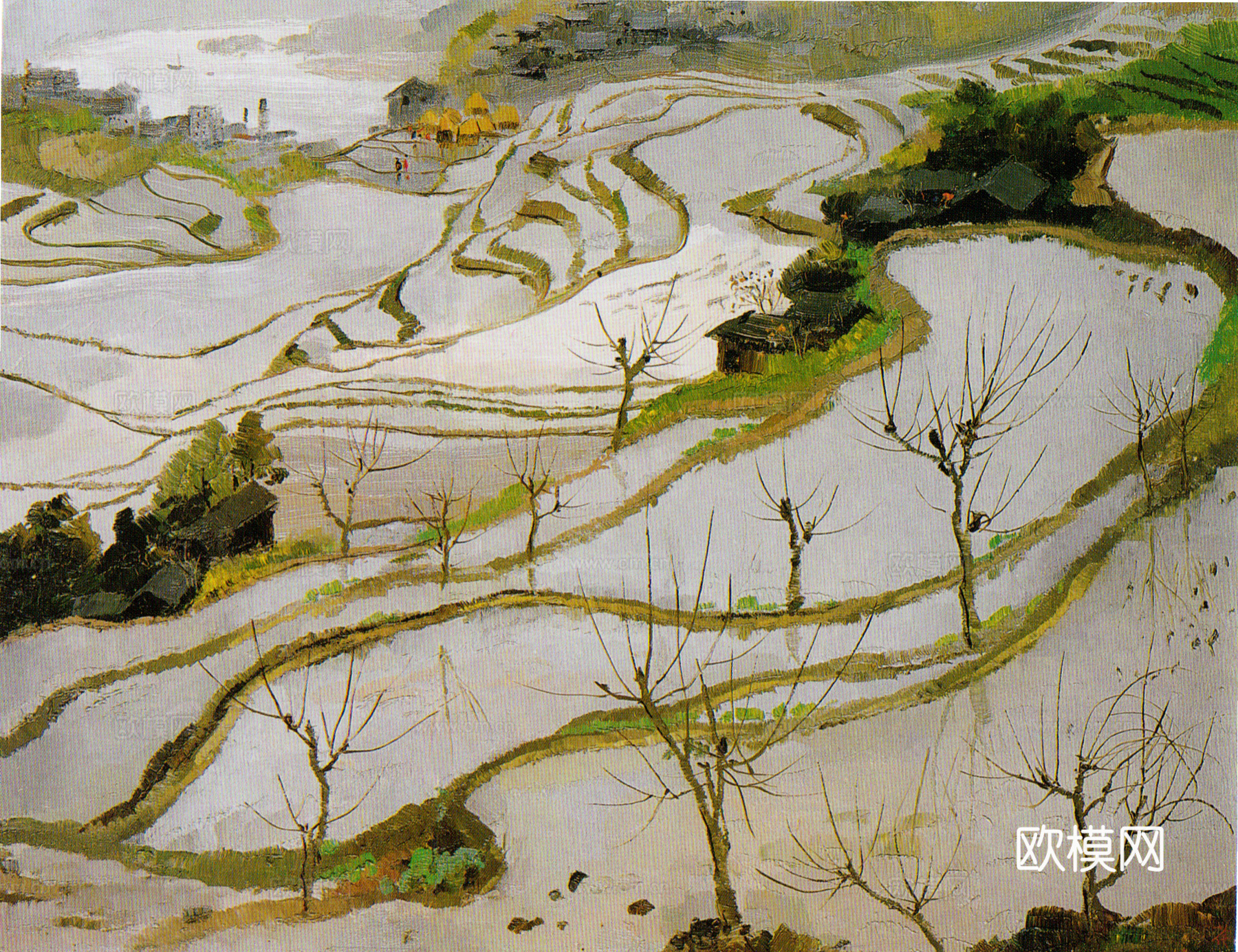 吴冠中绘画作品，写意水墨画，近现代水墨画，写意江南古镇水墨画下载