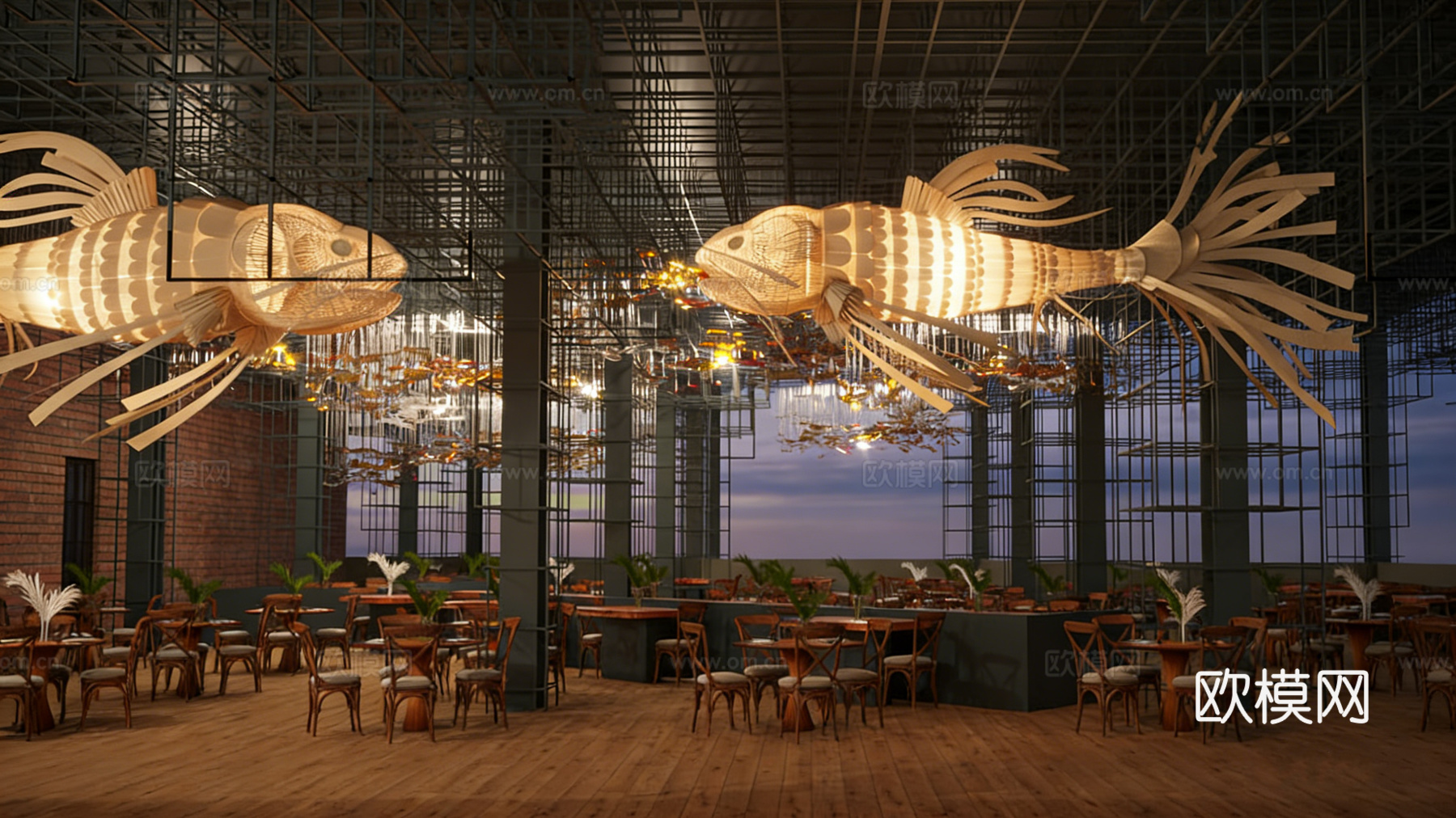 工业风餐厅 鱼形艺术吊灯 圆形木桌3d模型下载（渲染图1）